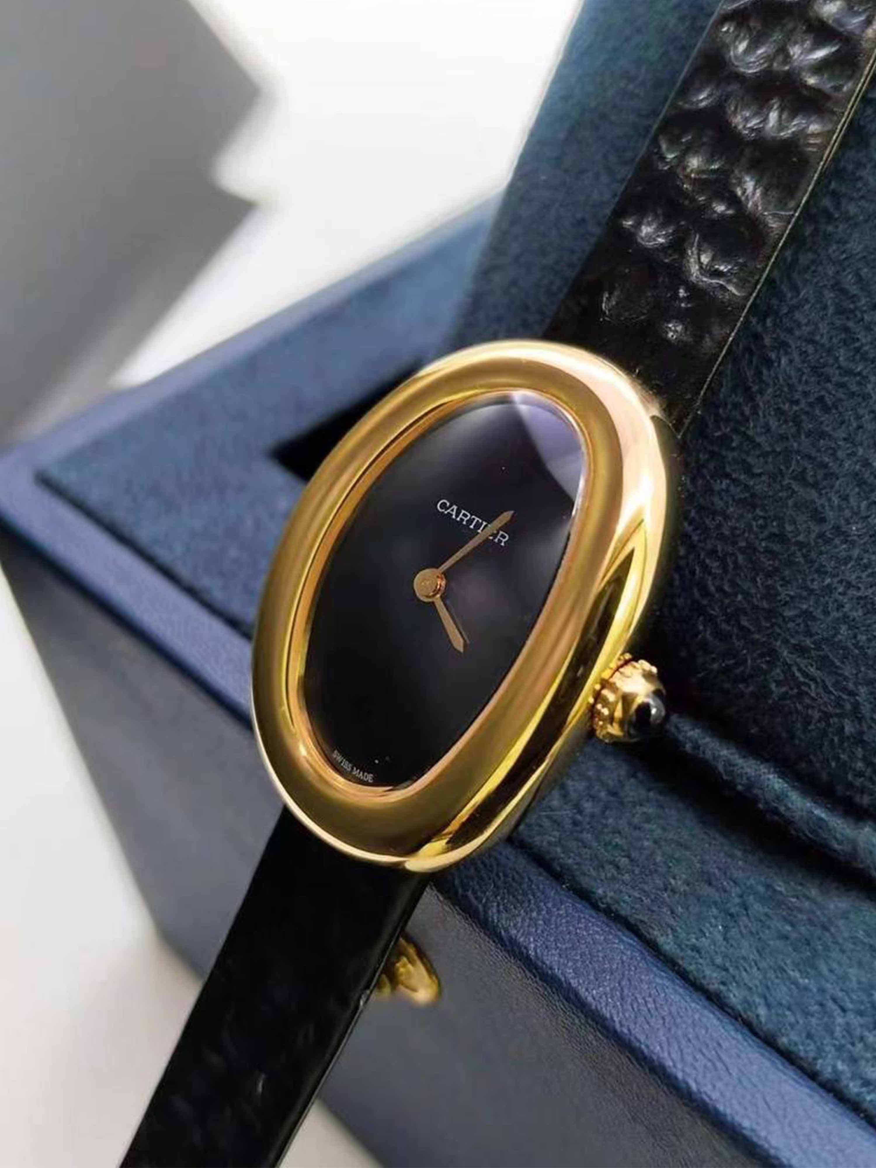 Cartier Baignoire Black Leather Ladies Watch Collection
