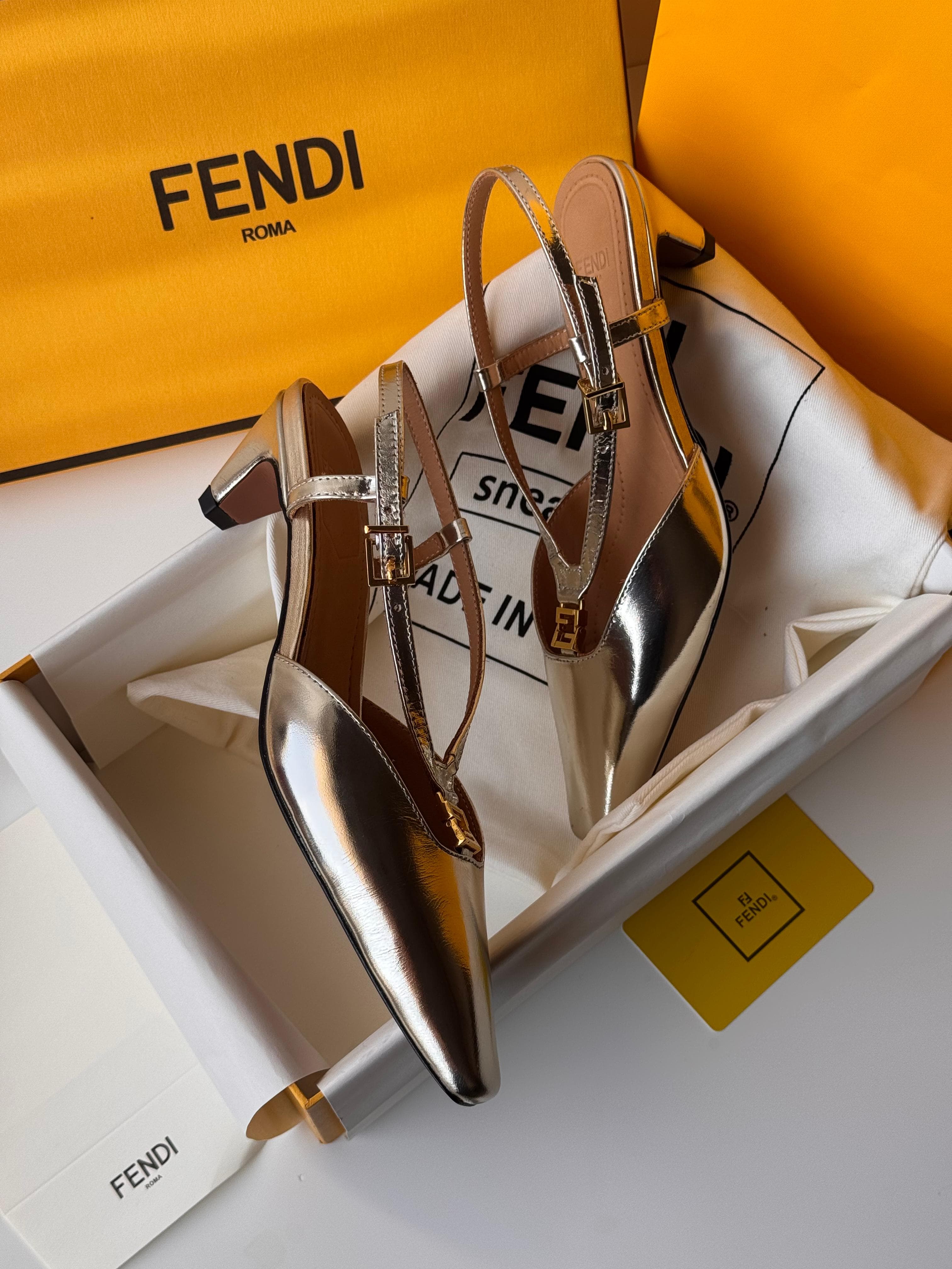 Fendi Fold Slingback Low Heel Laminated Leather