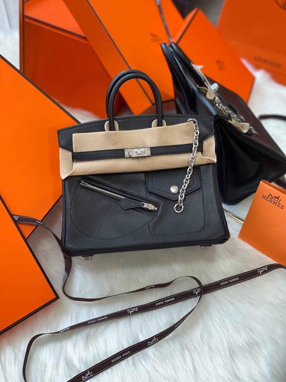 Hermès Birkin Moto Edition – Black Leather Chain Detail Dual Size