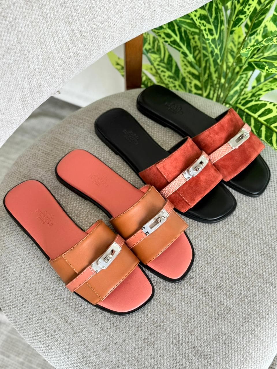 Hermès Lock Detail Flat Suede & Leather Slides