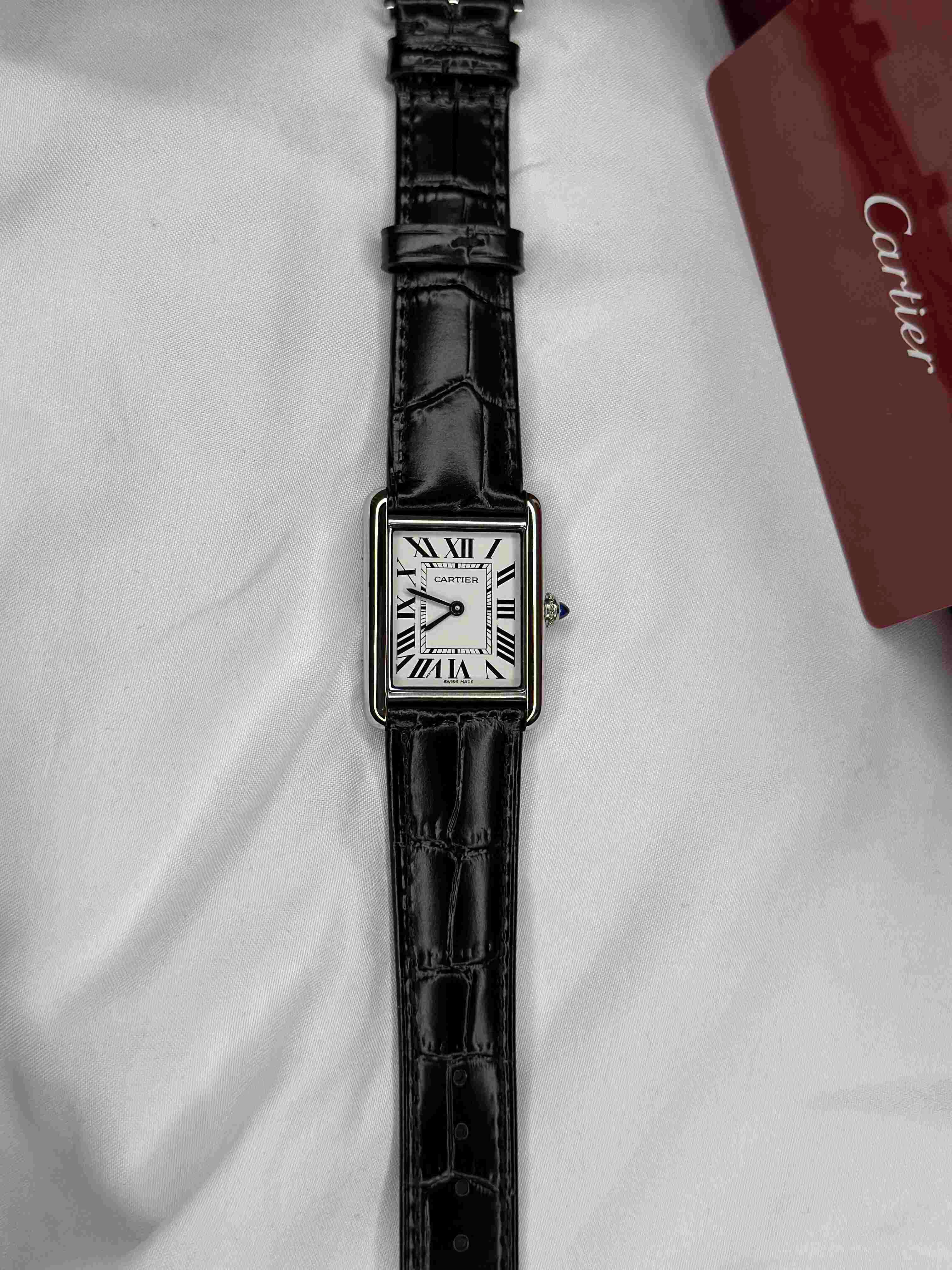 Cartier Tank Louis Ladies Watch – Silvered Opaline Dial & Black Leather Strap