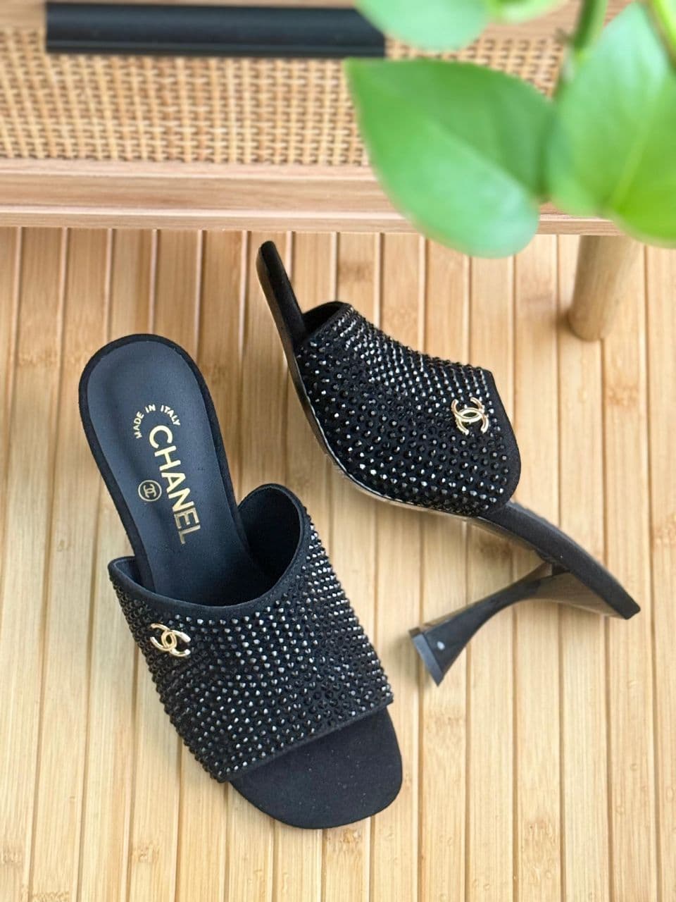 Chanel Strass Mule Heels – Black Open-Toe Backless Design