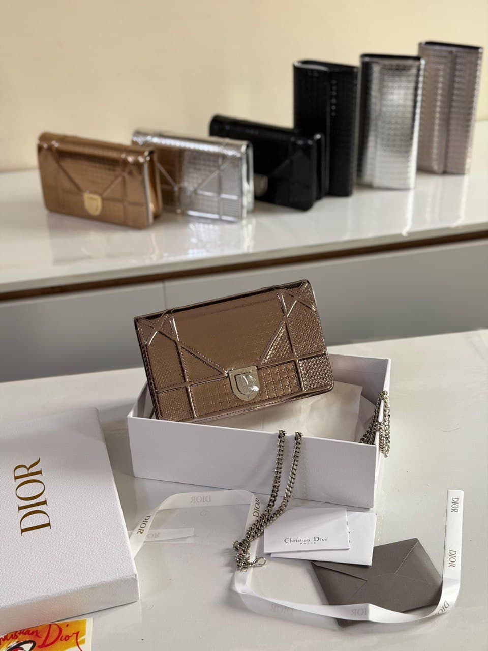 Dior Diorama Micro Cannage Metallic Calfskin Chain Wallet