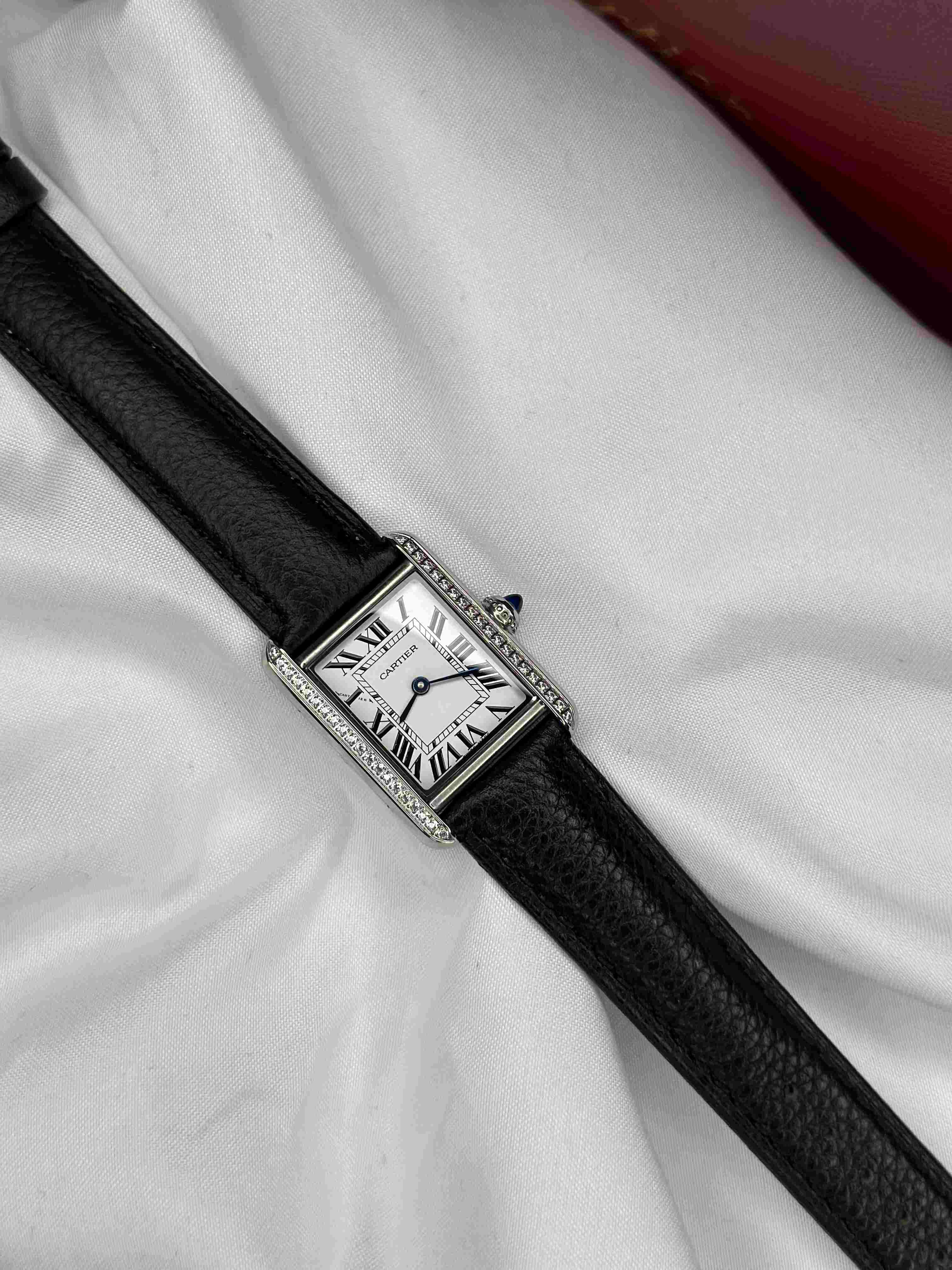 Cartier Tank Louis Ladies Watch – Silvered Opaline Dial & Black Leather Strap