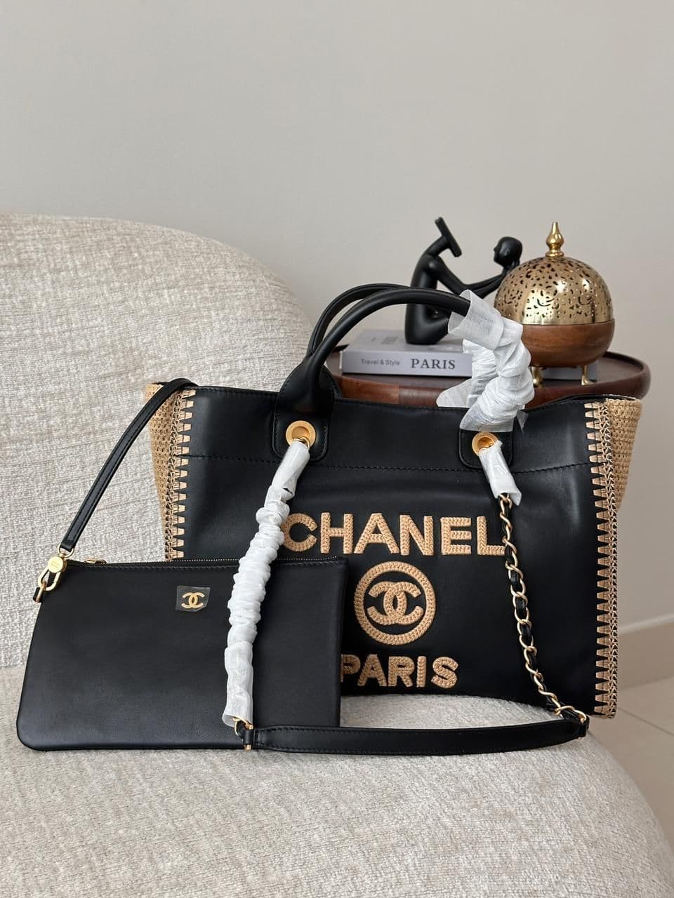 Chanel Deauville Style Leather Tote Bag with Chain Detail