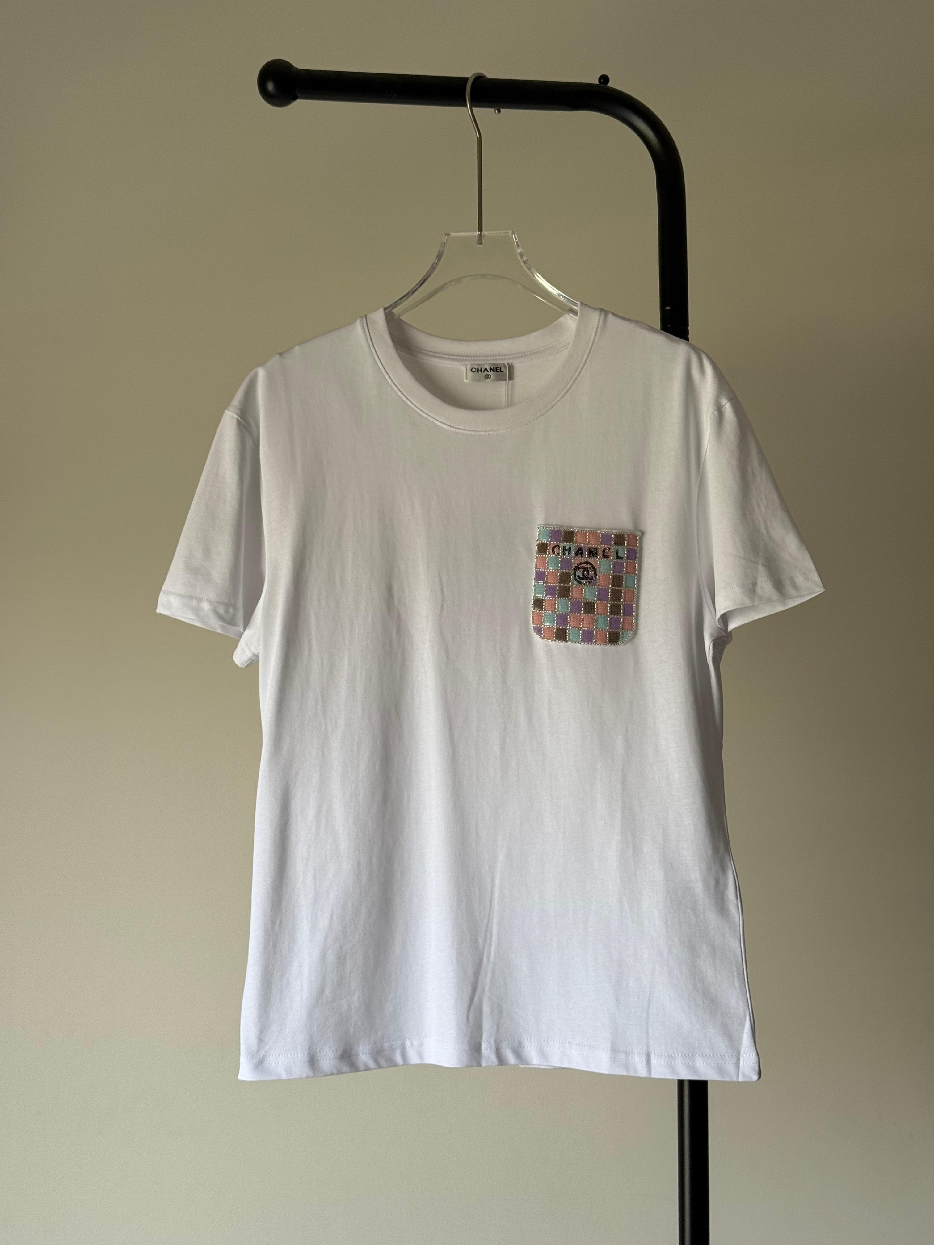 Chanel White & Pink T-Shirt with Embellished Pocket