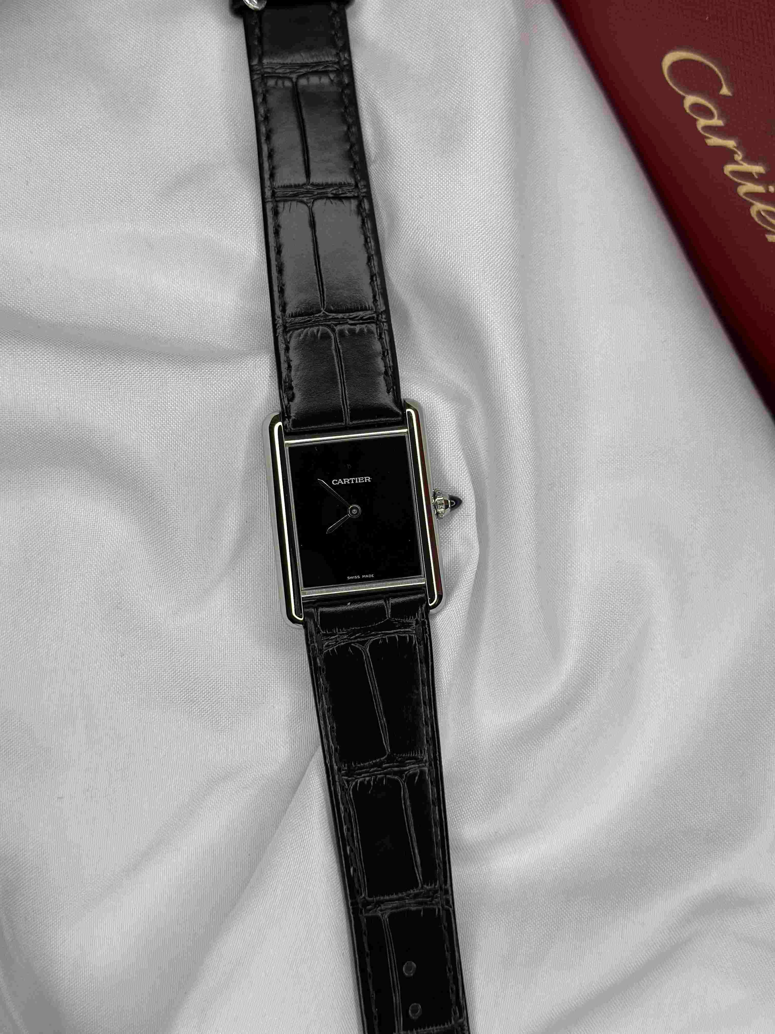 Cartier Tank Louis Ladies Watch – Black Lacquer Dial & Black Leather Strap