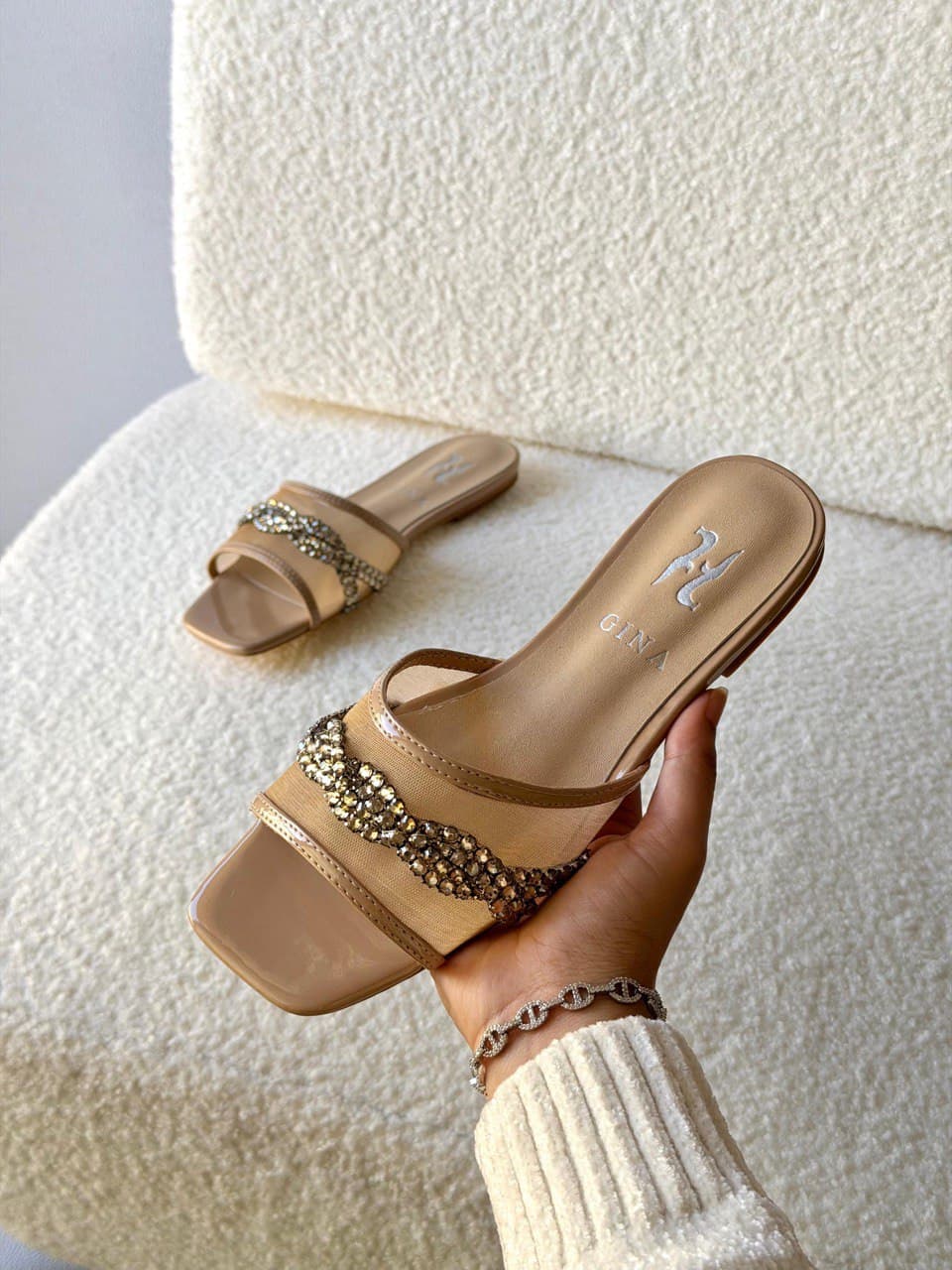 GINA Crystal Wave Strap Luxury Flat Slide Sandals