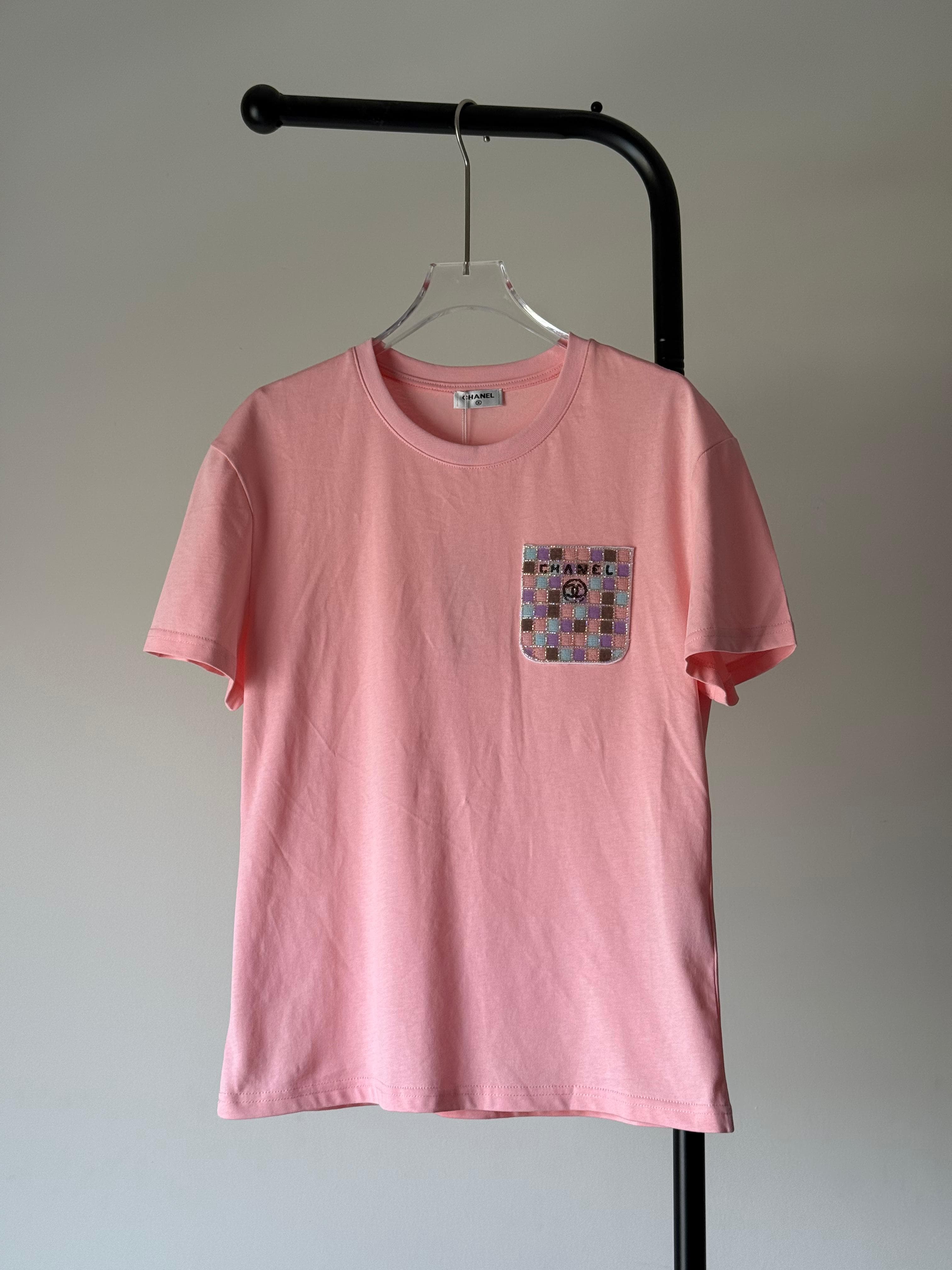 Chanel White & Pink T-Shirt with Embellished Pocket