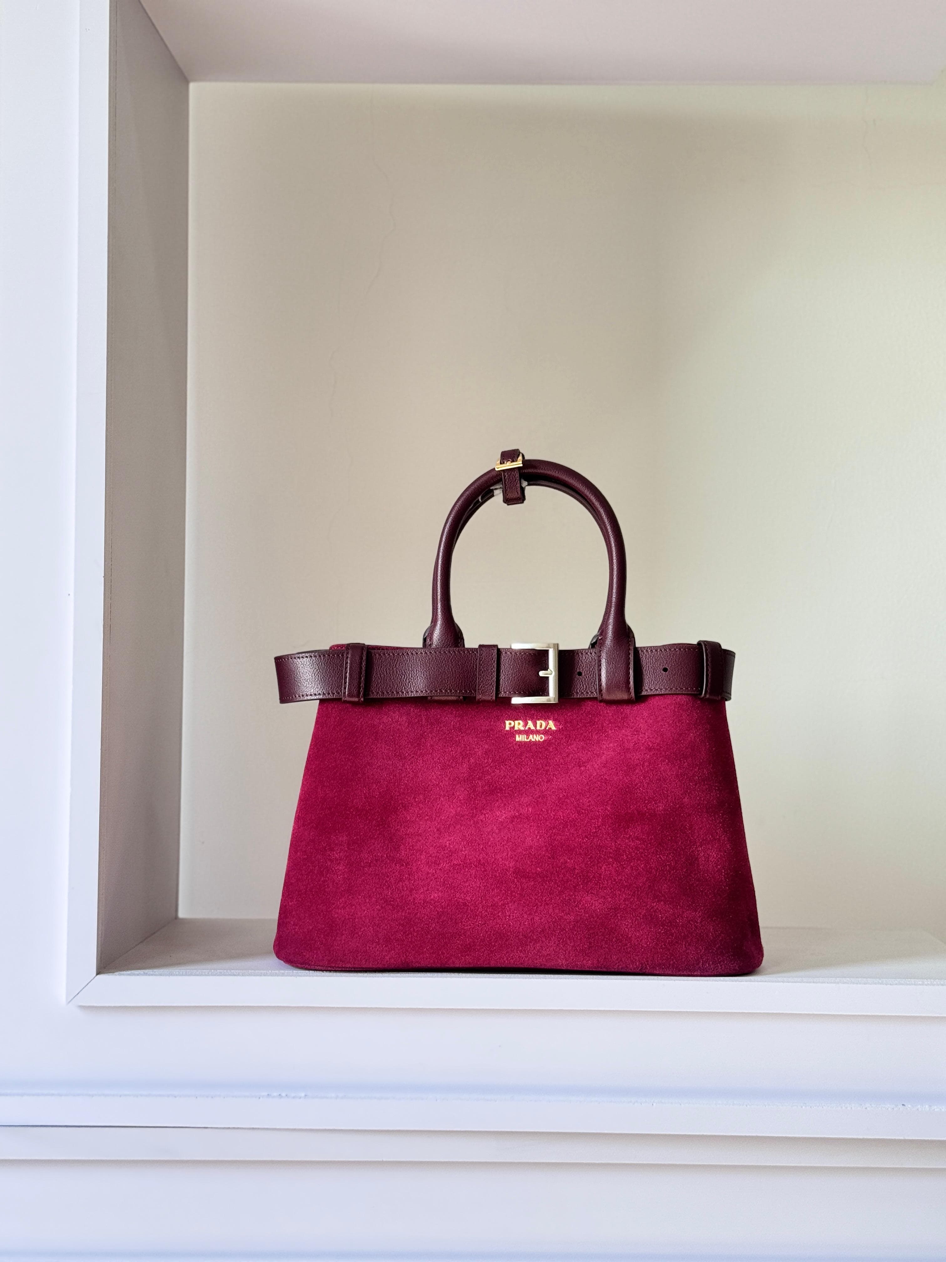 Prada Suede Top Handle Bag with Leather Belt Detail