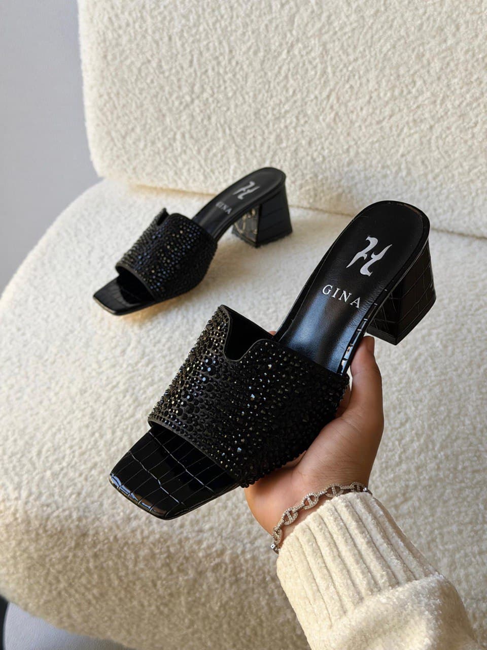 GINA Crystal Embellished Mid Heel Luxury Slide Sandals