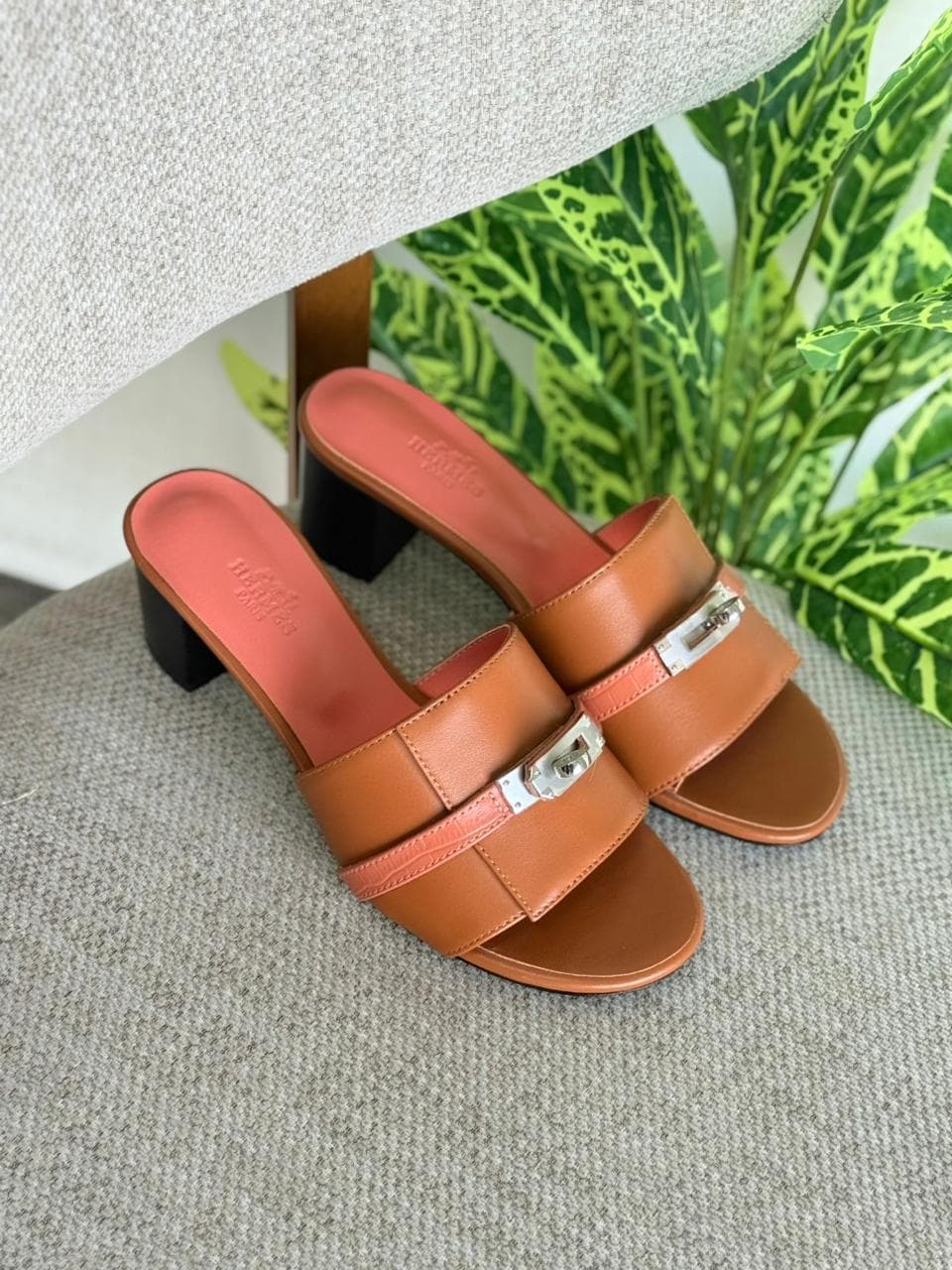 Hermès Lock Detail Suede & Leather Heeled Mules