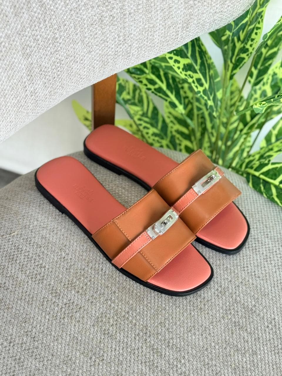 Hermès Lock Detail Flat Suede & Leather Slides