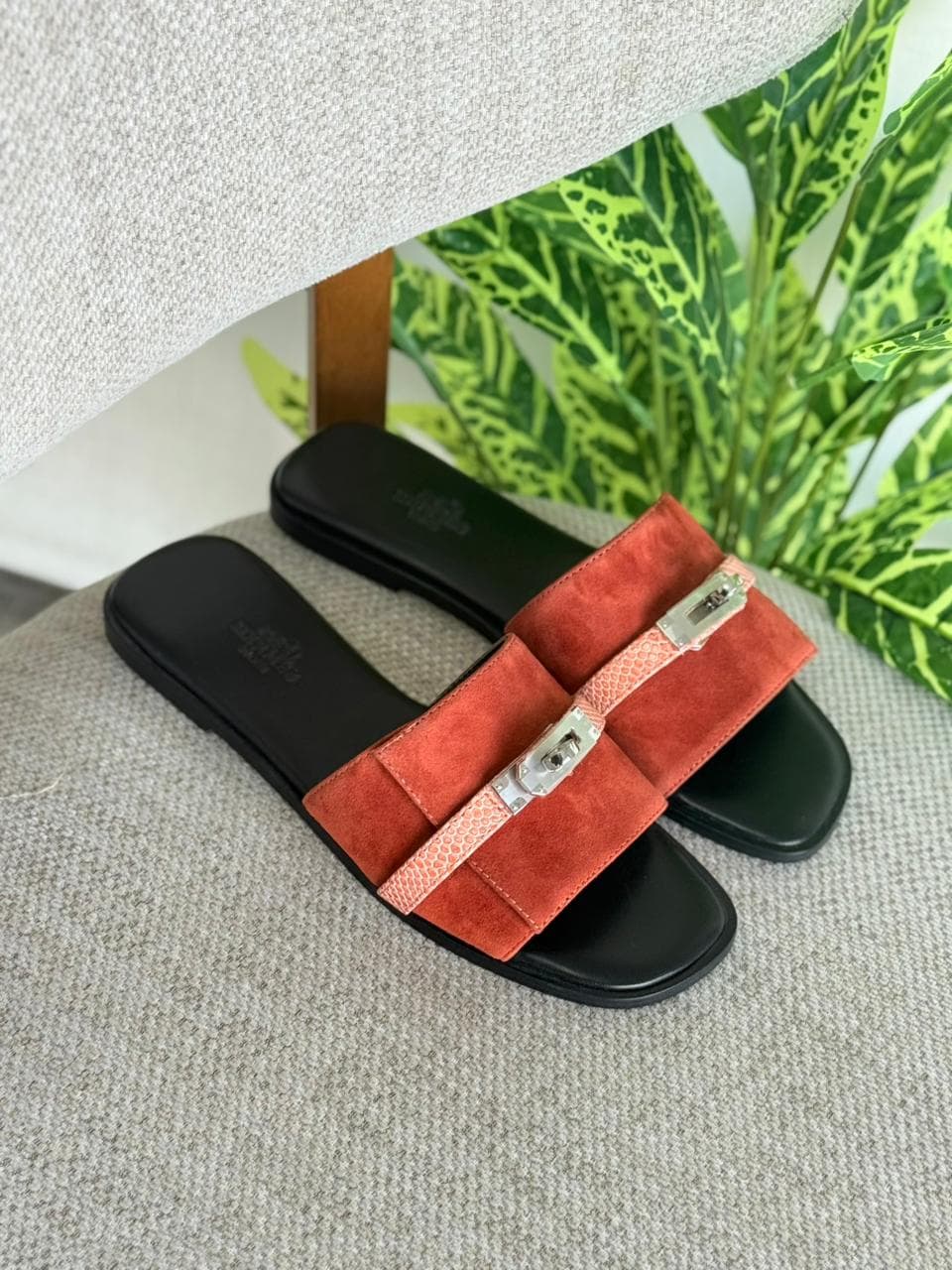 Hermès Lock Detail Flat Suede & Leather Slides