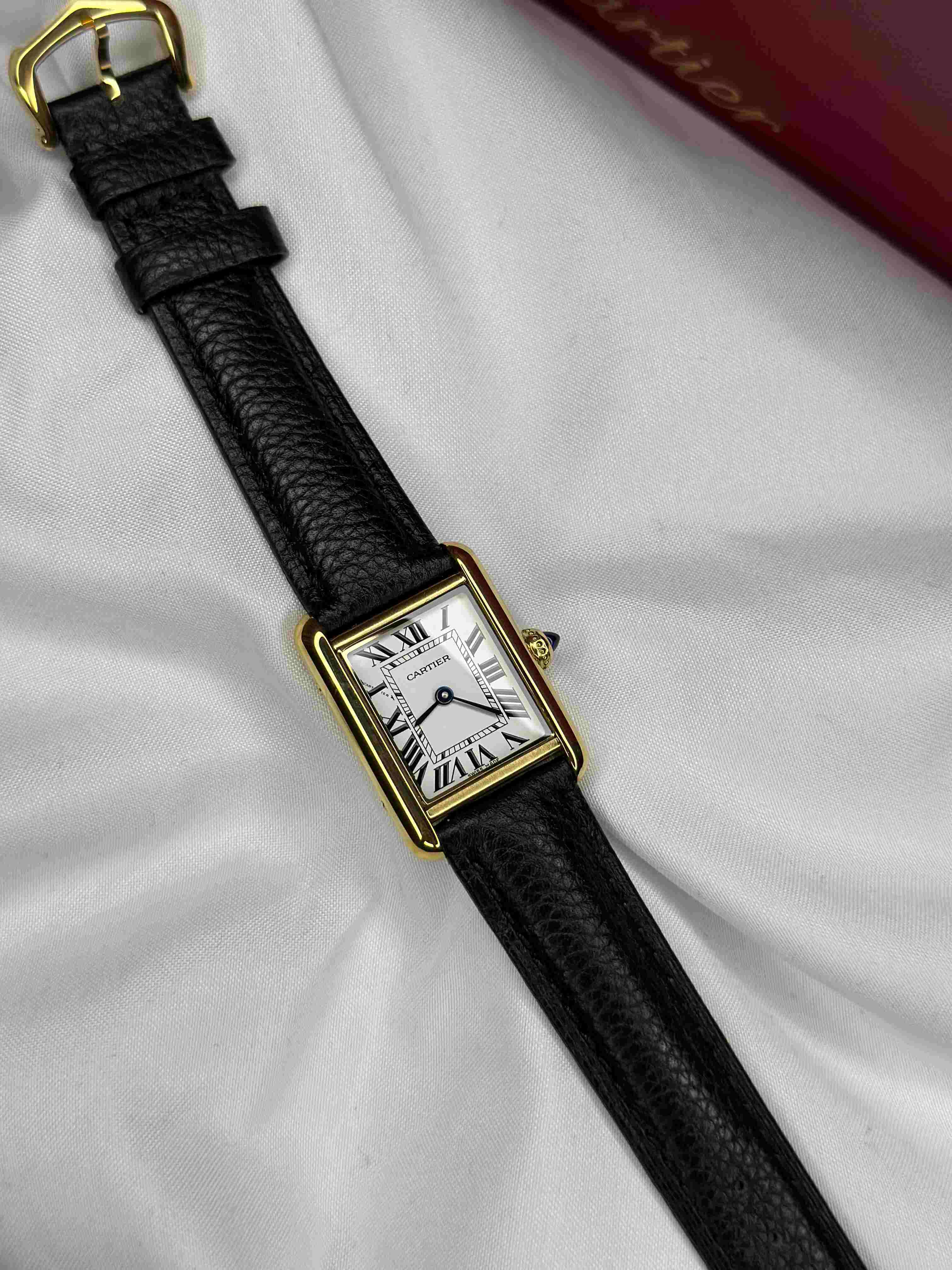 Cartier Tank Louis Ladies Watch – Silvered Opaline Dial & Black Leather Strap