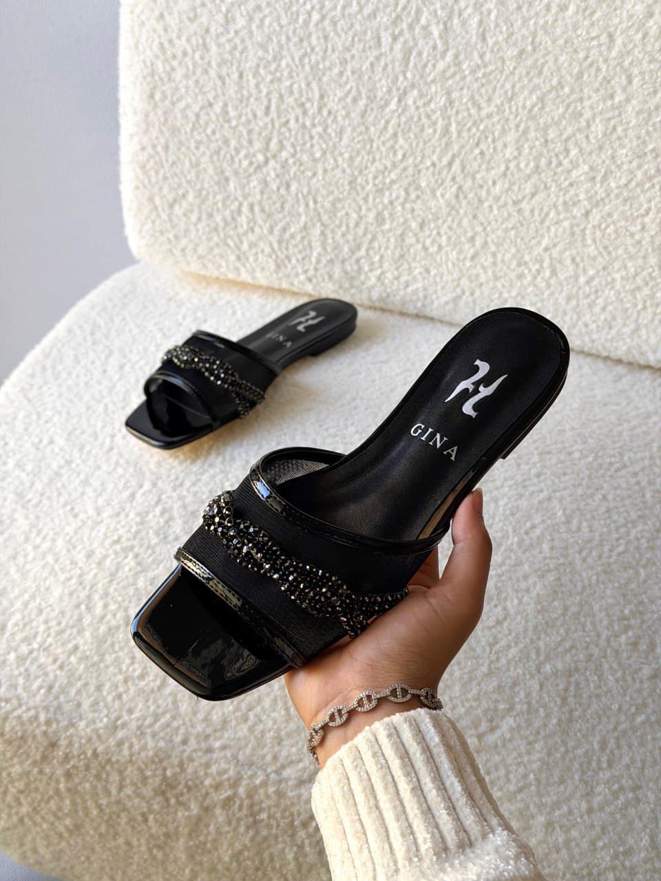 GINA Crystal Wave Strap Luxury Flat Slide Sandals