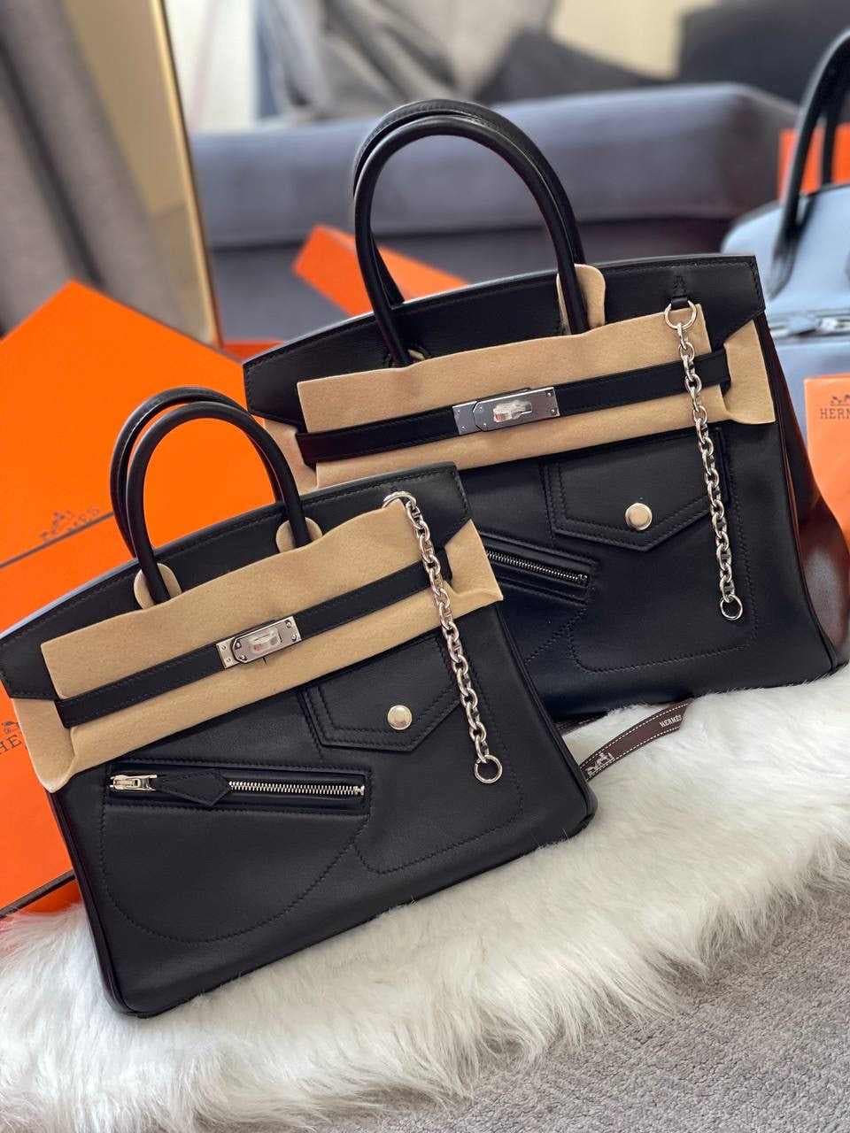Hermès Birkin Moto Edition – Black Leather Chain Detail Dual Size