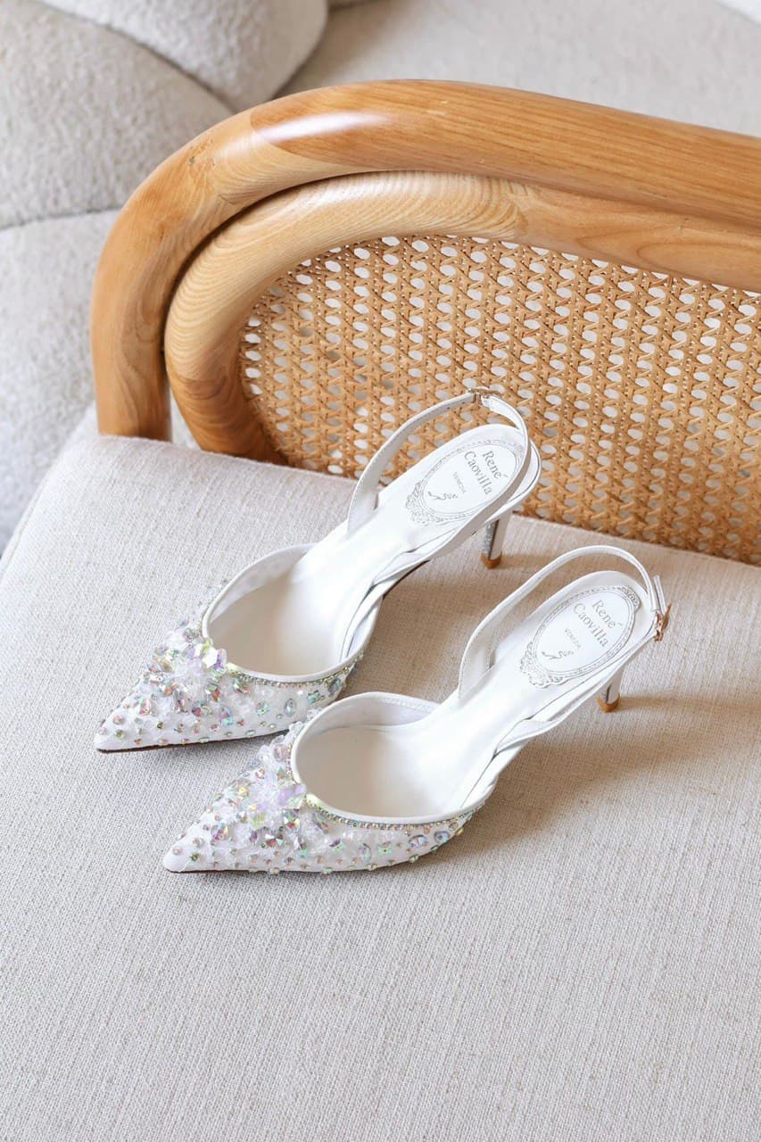 René Caovilla Kara Crystal Embellished Lace Slingback Pumps