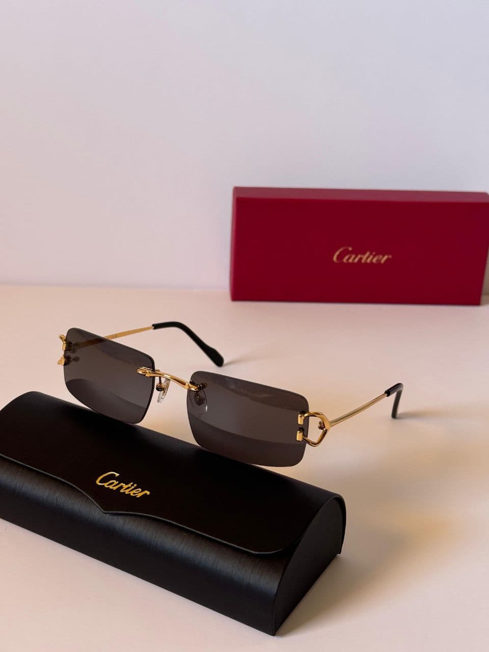 Cartier Rimless Rectangular Sunglasses with Signature Metal Temples