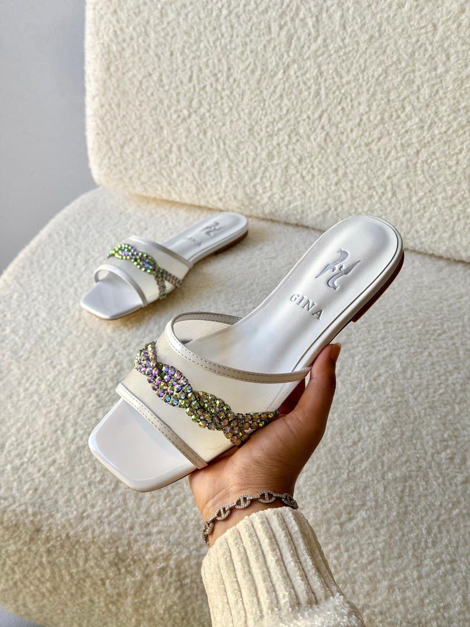 GINA Crystal Wave Strap Luxury Flat Slide Sandals
