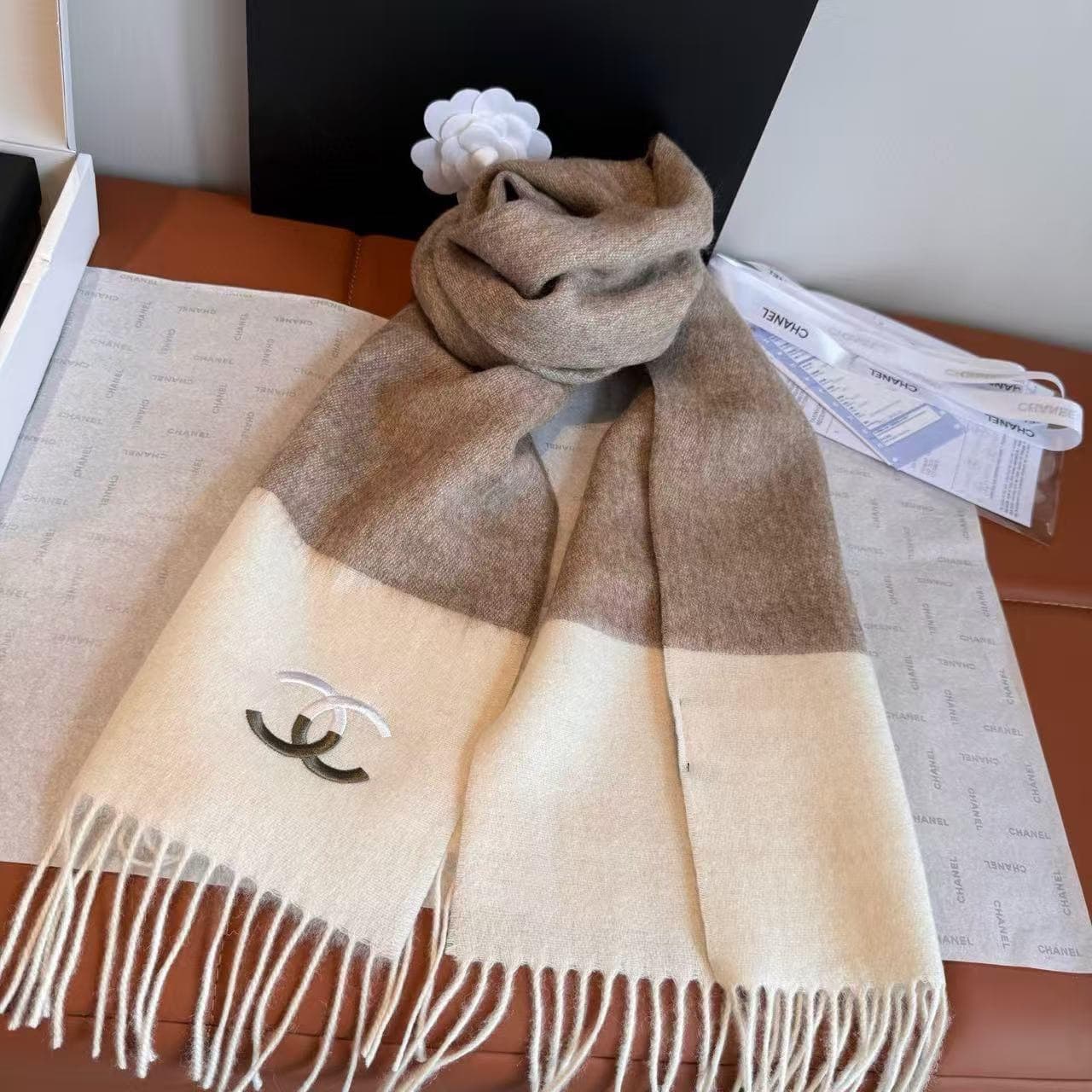 Chanel CC Cashmere Wool Scarf – Iconic Two Tone Fringe Shawl