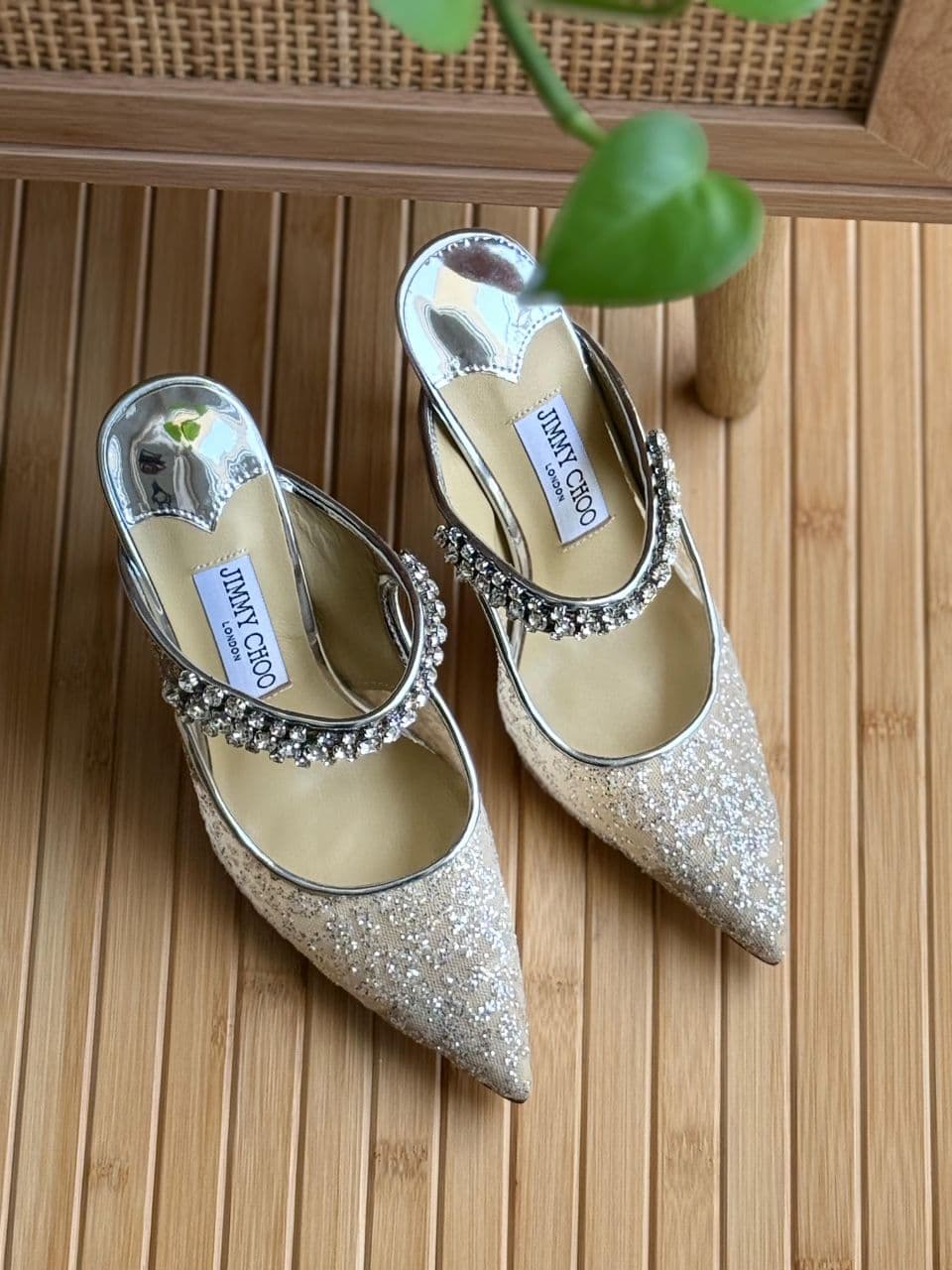 Jimmy Choo Crystal Embellished Pointed Mule Heels – Silver
