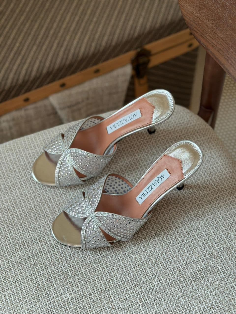 Aquazzura Cross Crystal Strap Heels – Gold & Silver