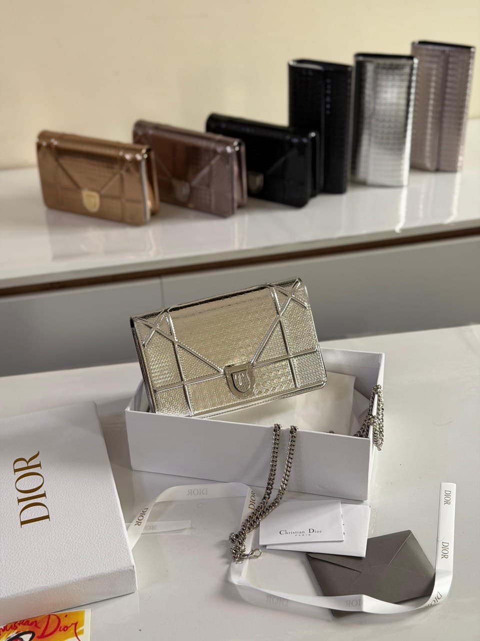 Dior Diorama Micro Cannage Metallic Calfskin Chain Wallet