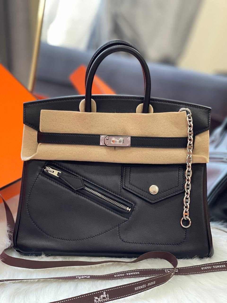 Hermès Birkin Moto Edition – Black Leather Chain Detail Dual Size