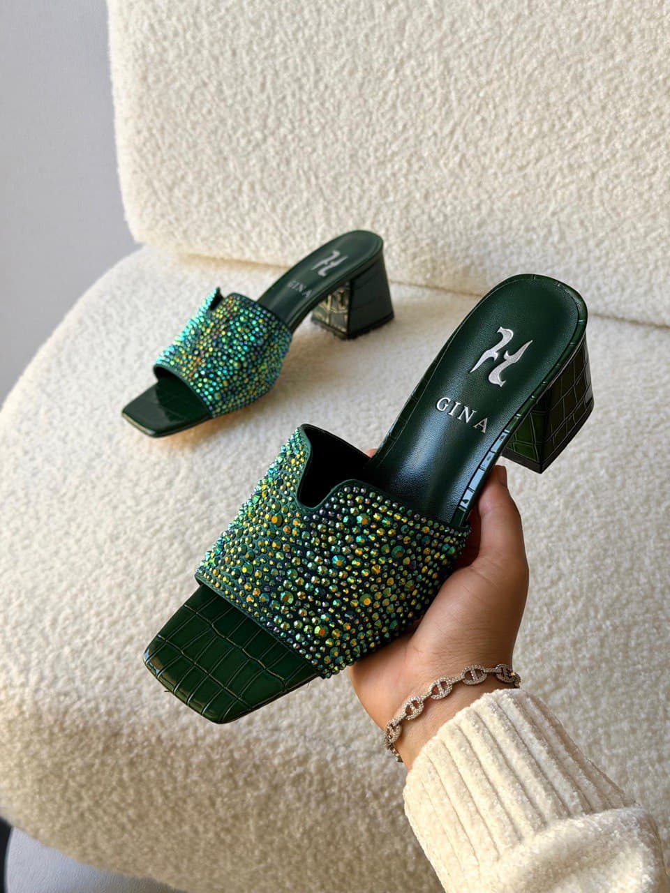 GINA Crystal Embellished Mid Heel Luxury Slide Sandals