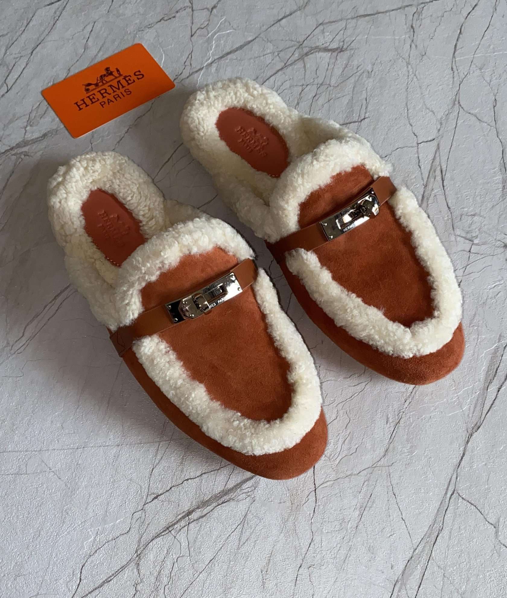 HERMES Suede Goatskin Woolskin Oz Mules