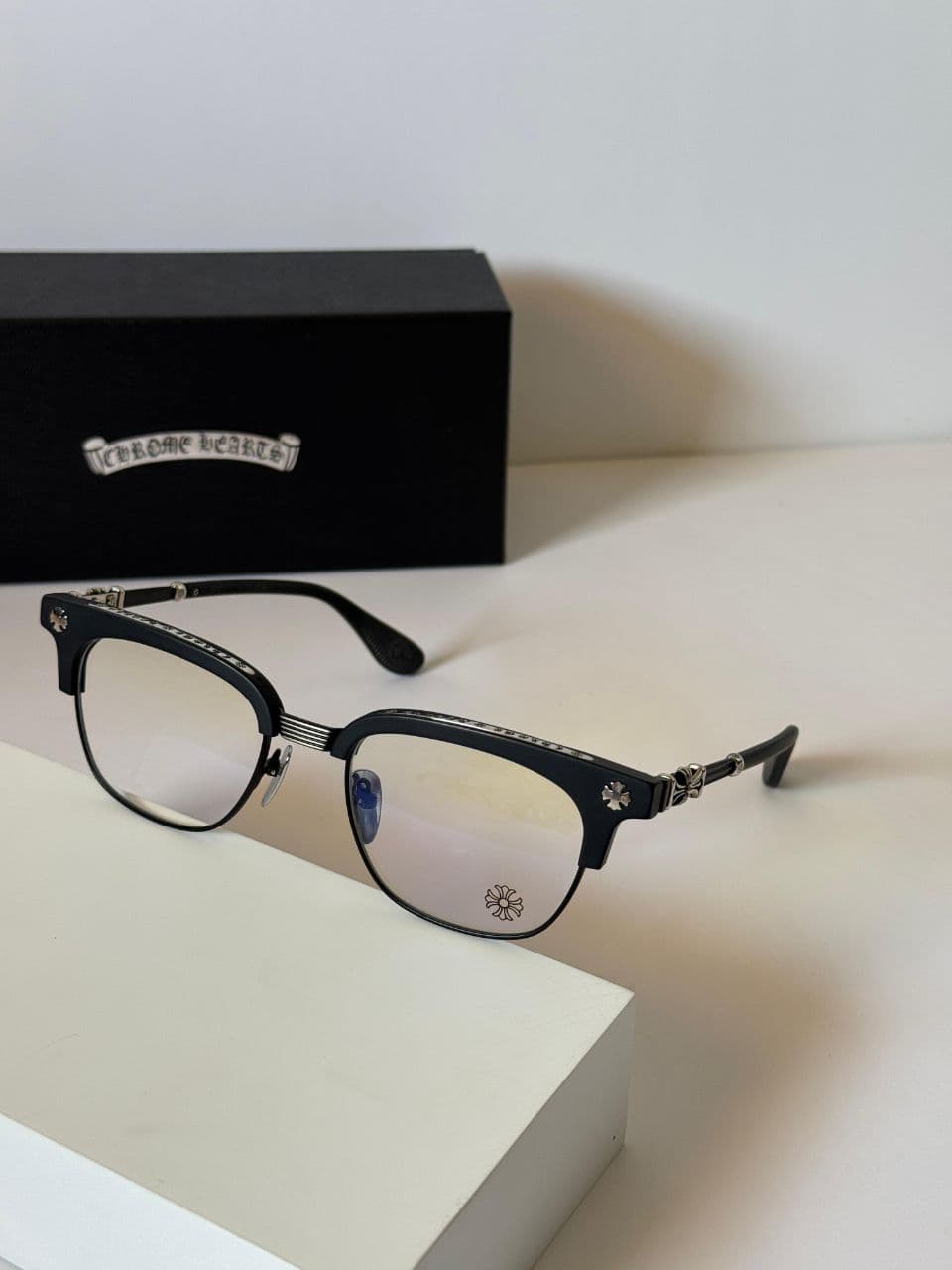 Chrome Hearts Unisex Square Optical Glasses with Metal Bridge Details