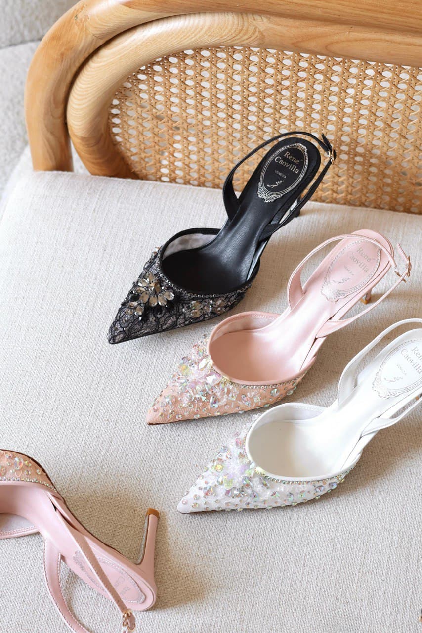 René Caovilla Kara Crystal Embellished Lace Slingback Pumps
