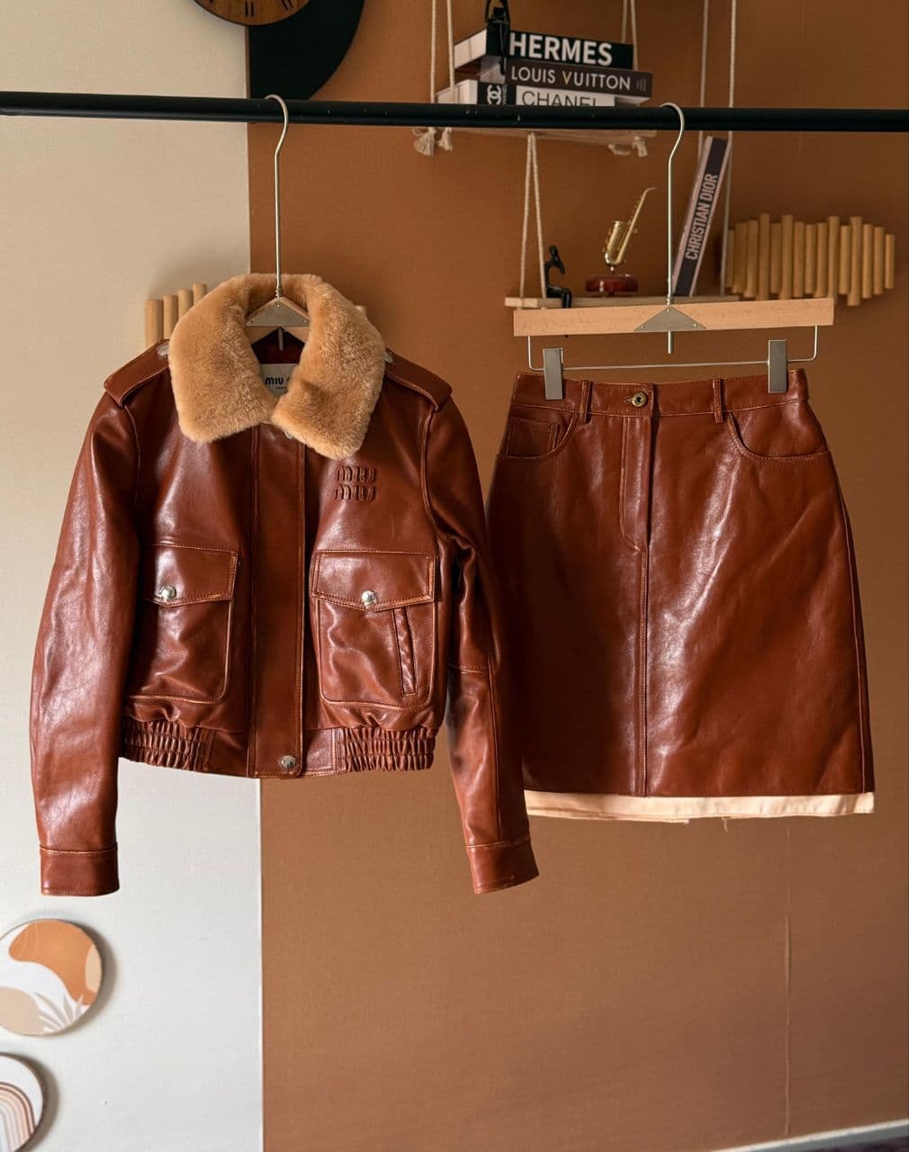 Miu Miu Leather Jacket & Skirt Set with Shearling Collar