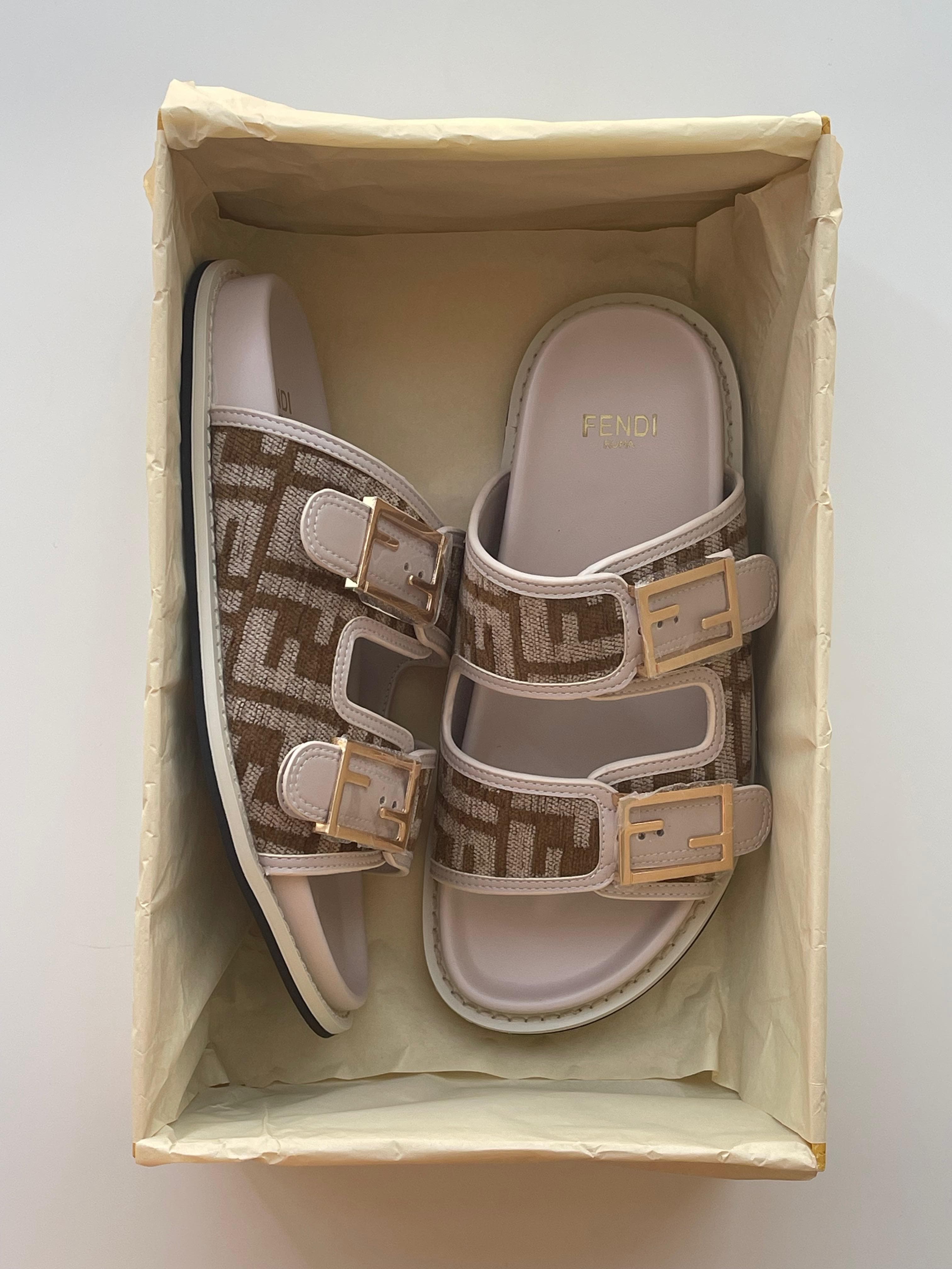 Fendi FF Canvas Double Strap Sandals – Luxury Comfort with Iconic FF Design