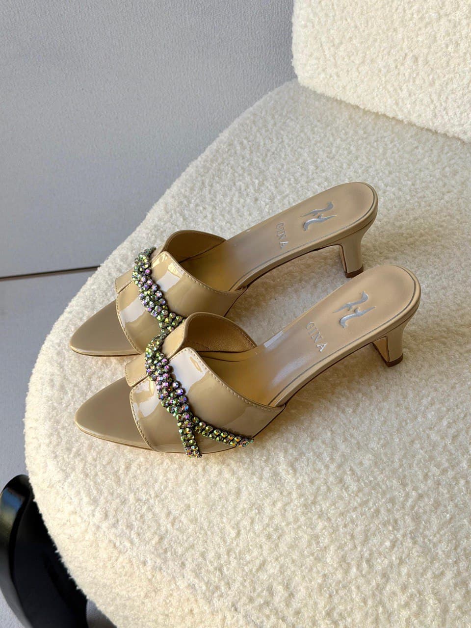 GINA Crystal Embellished Pointed Toe Mid-Heel Mule Sandals