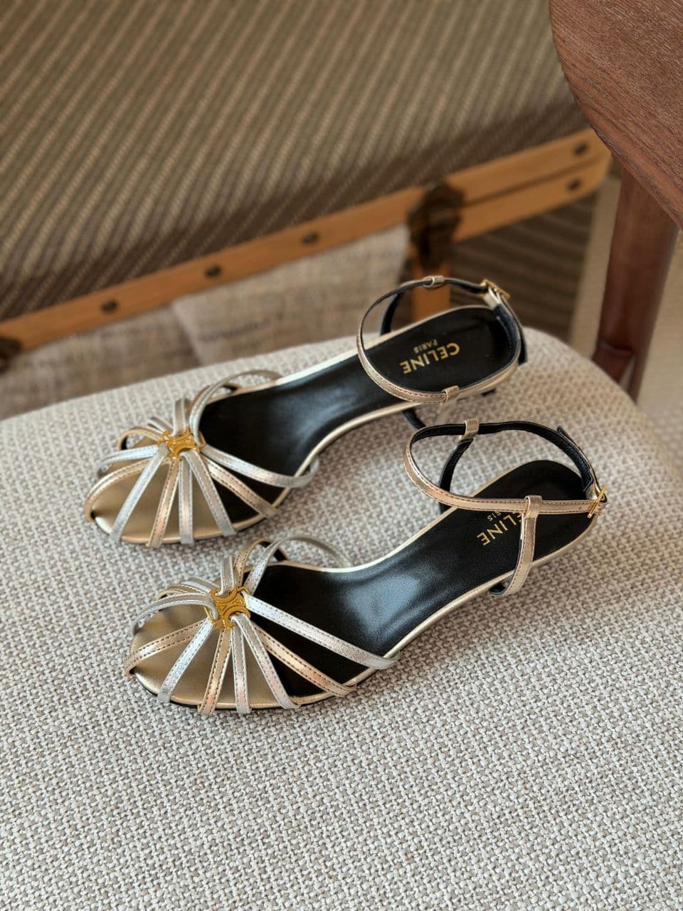Celine Strappy Heel Sandals – Black & Gold