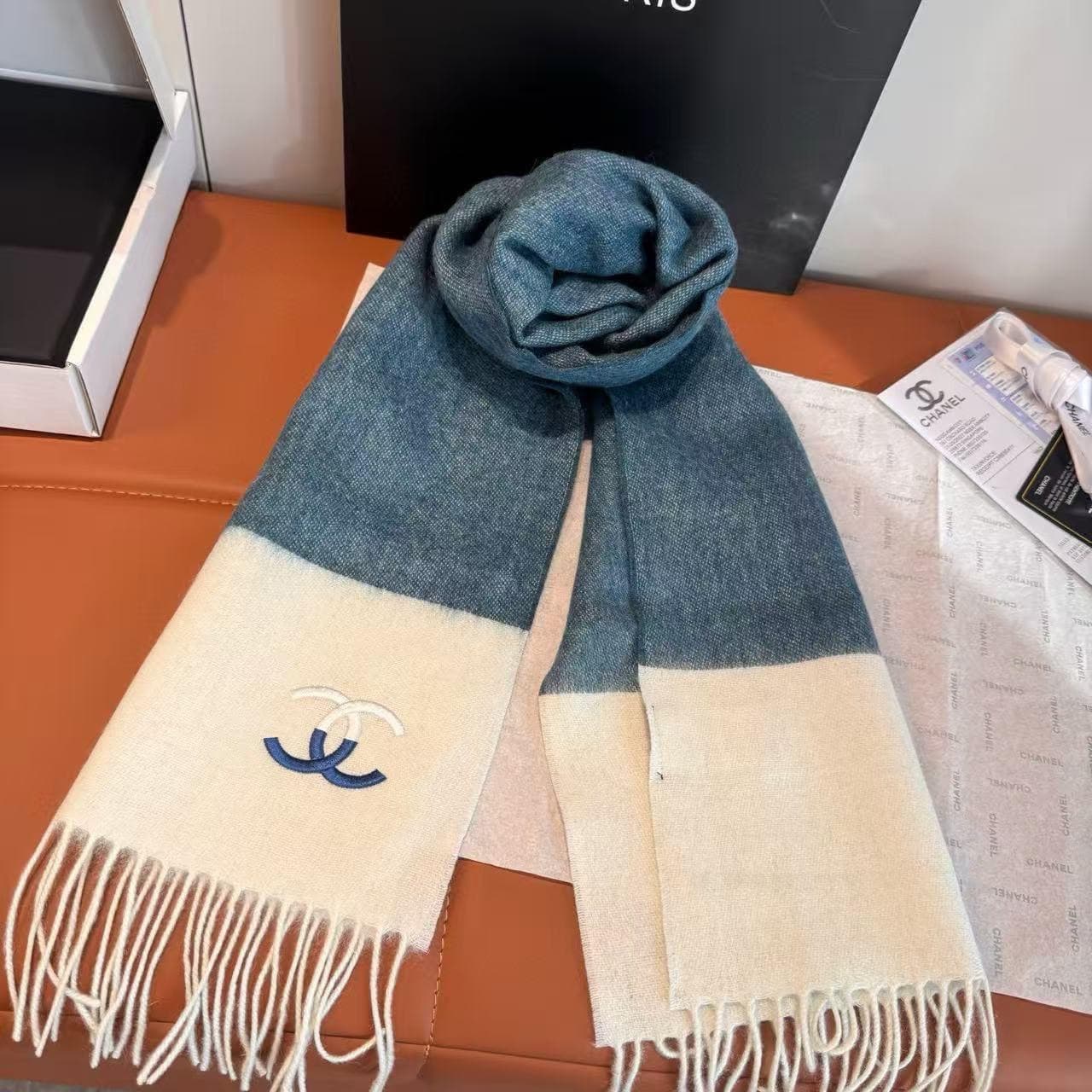 Chanel CC Cashmere Wool Scarf – Iconic Two Tone Fringe Shawl