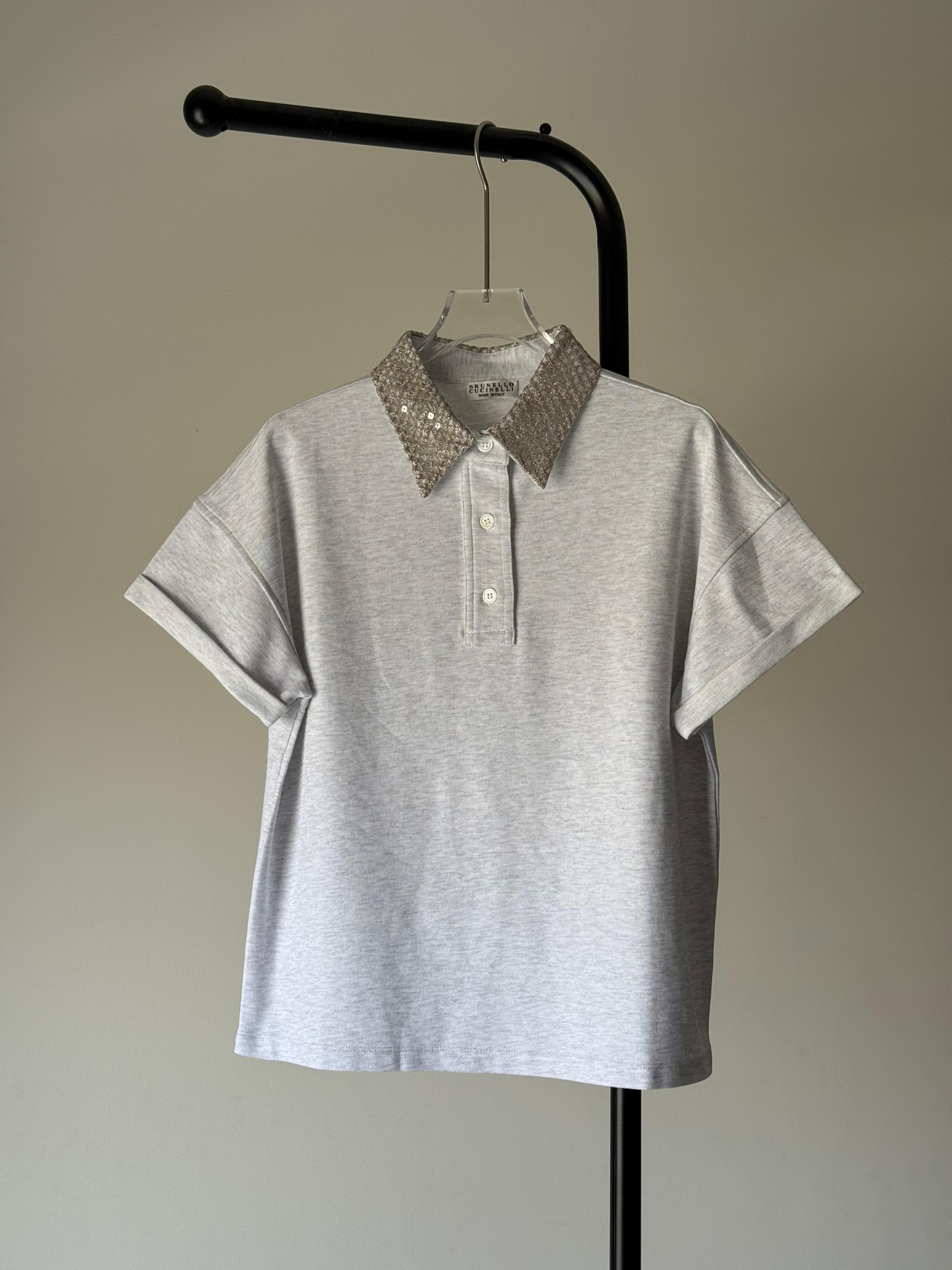 Brunello Cucinelli Embellished Collar White Polo T-Shirt