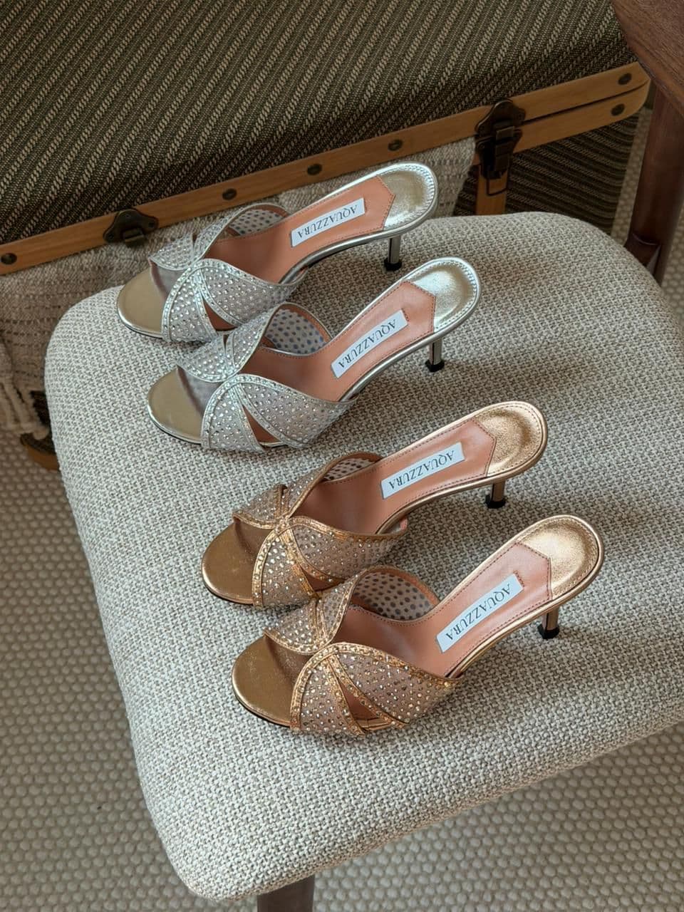 Aquazzura Cross Crystal Strap Heels – Gold & Silver