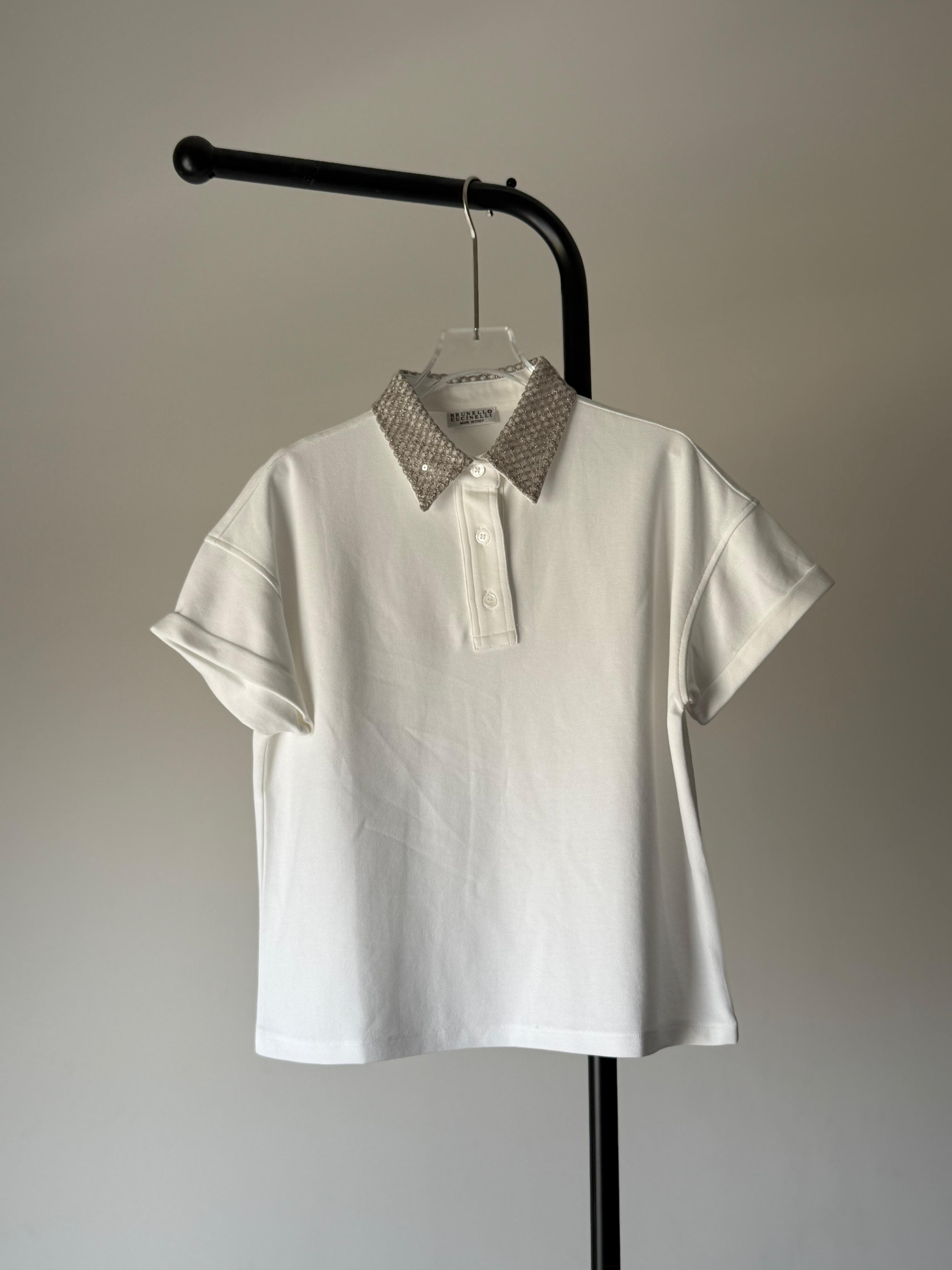 Brunello Cucinelli Embellished Collar White Polo T-Shirt
