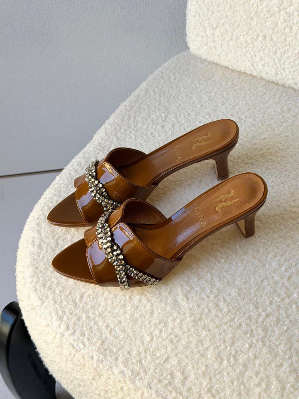 GINA Crystal Embellished Pointed Toe Mid-Heel Mule Sandals