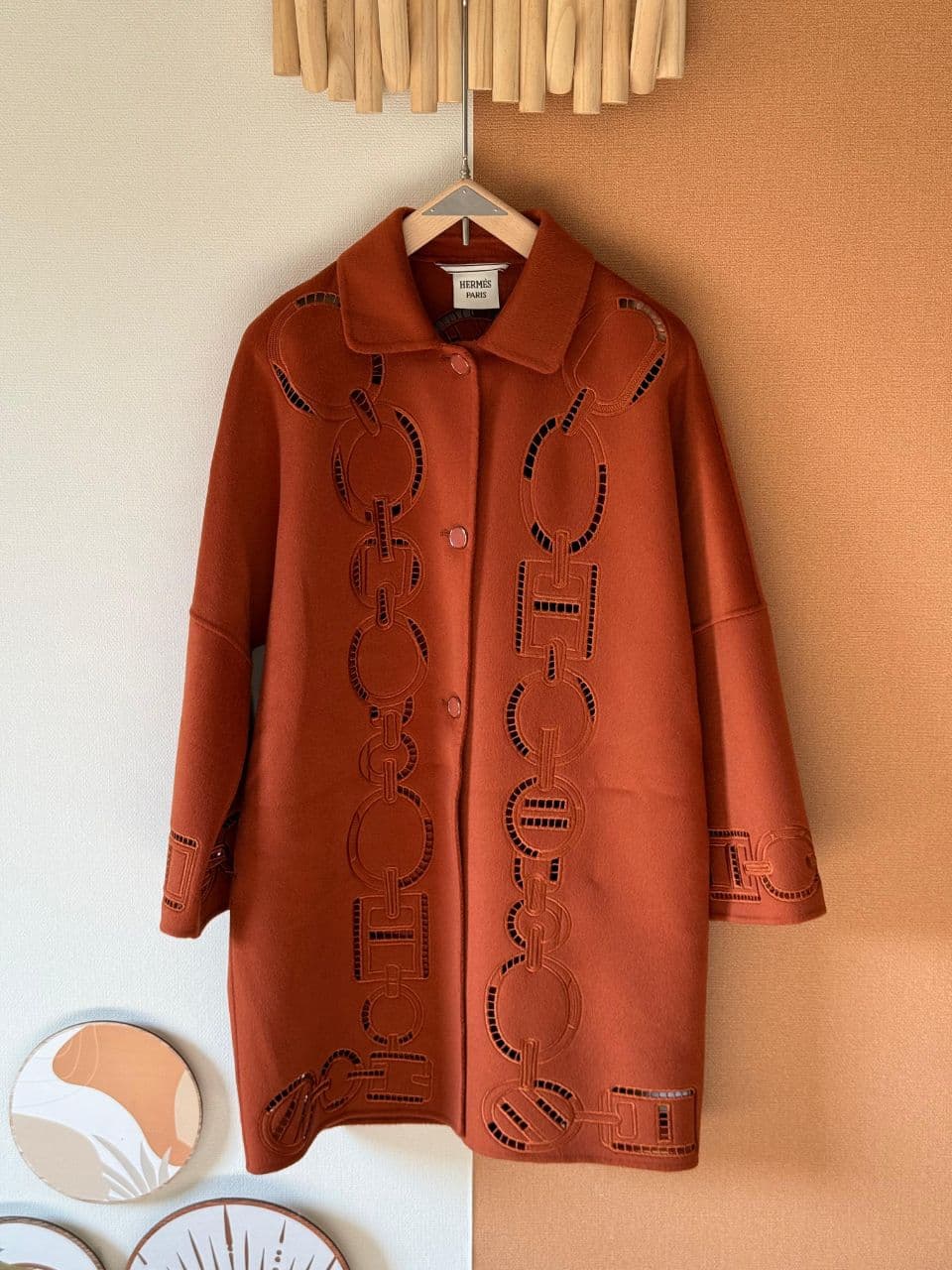 Hermès Long Wool Coat with Chain Pattern – Black / Brown / Ivory