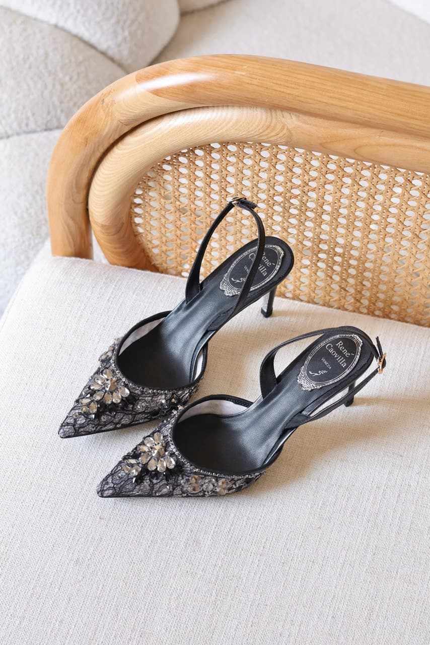 René Caovilla Kara Crystal Embellished Lace Slingback Pumps