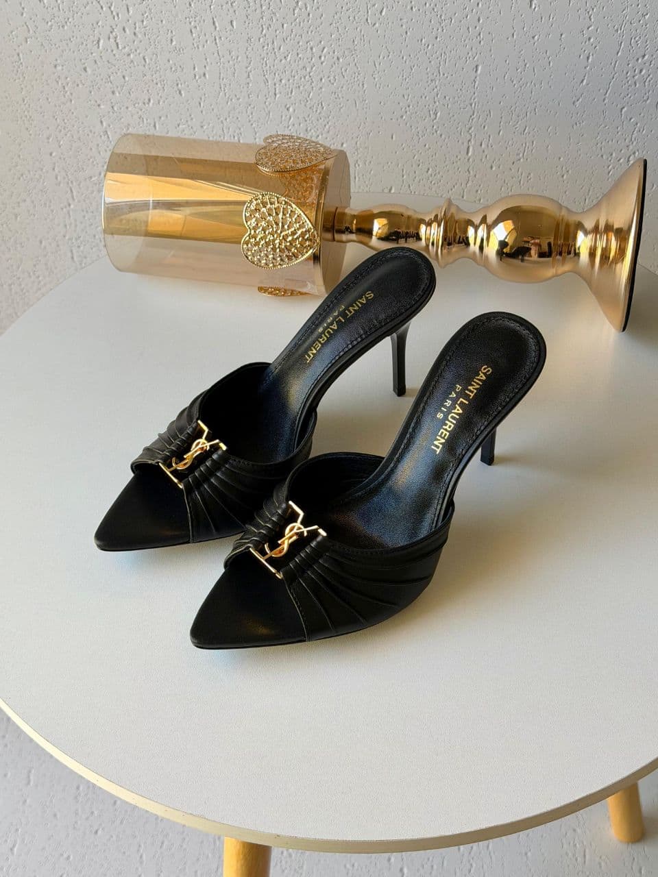 Saint Laurent Pleated Leather Heeled Mules