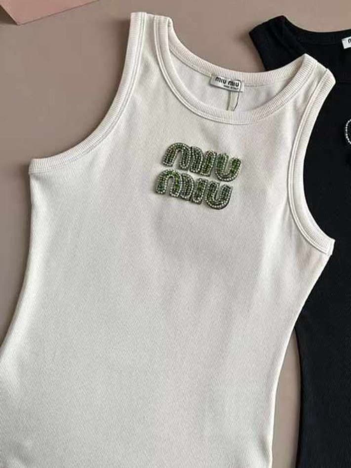 Miu Miu Ribbed Tank Top with Logo Embroidery
