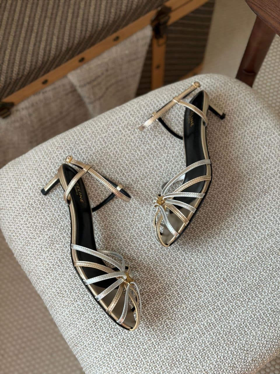 Celine Strappy Heel Sandals – Black & Gold