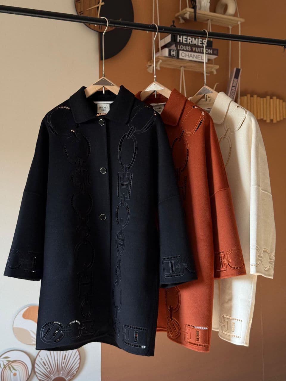 Hermès Long Wool Coat with Chain Pattern – Black / Brown / Ivory