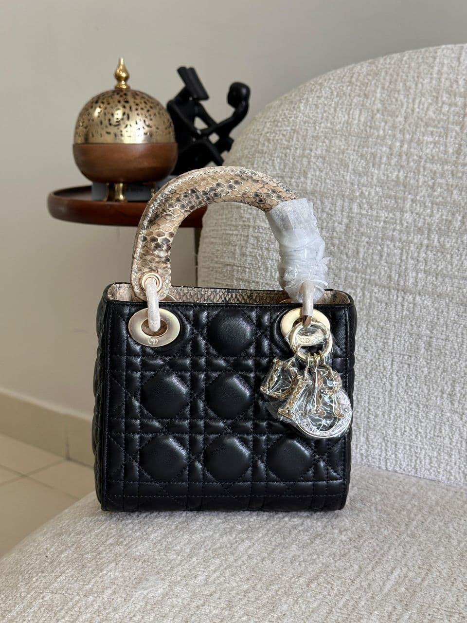 Dior Lady Dior Handbag with Python & Snakeskin Handle Detail