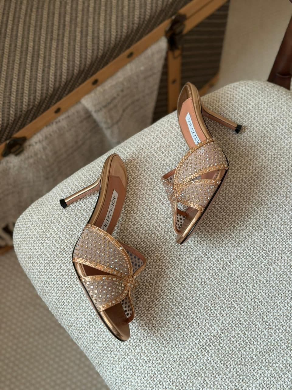 Aquazzura Cross Crystal Strap Heels – Gold & Silver